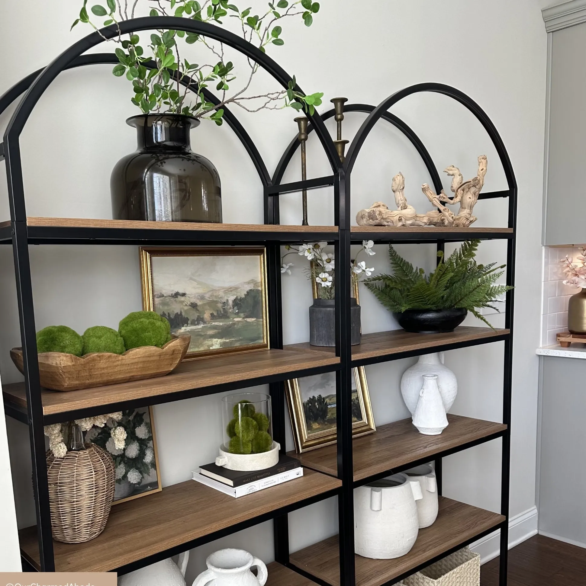 Metal 5-Shelf Arched Bookshelves Oak (Set of 2)