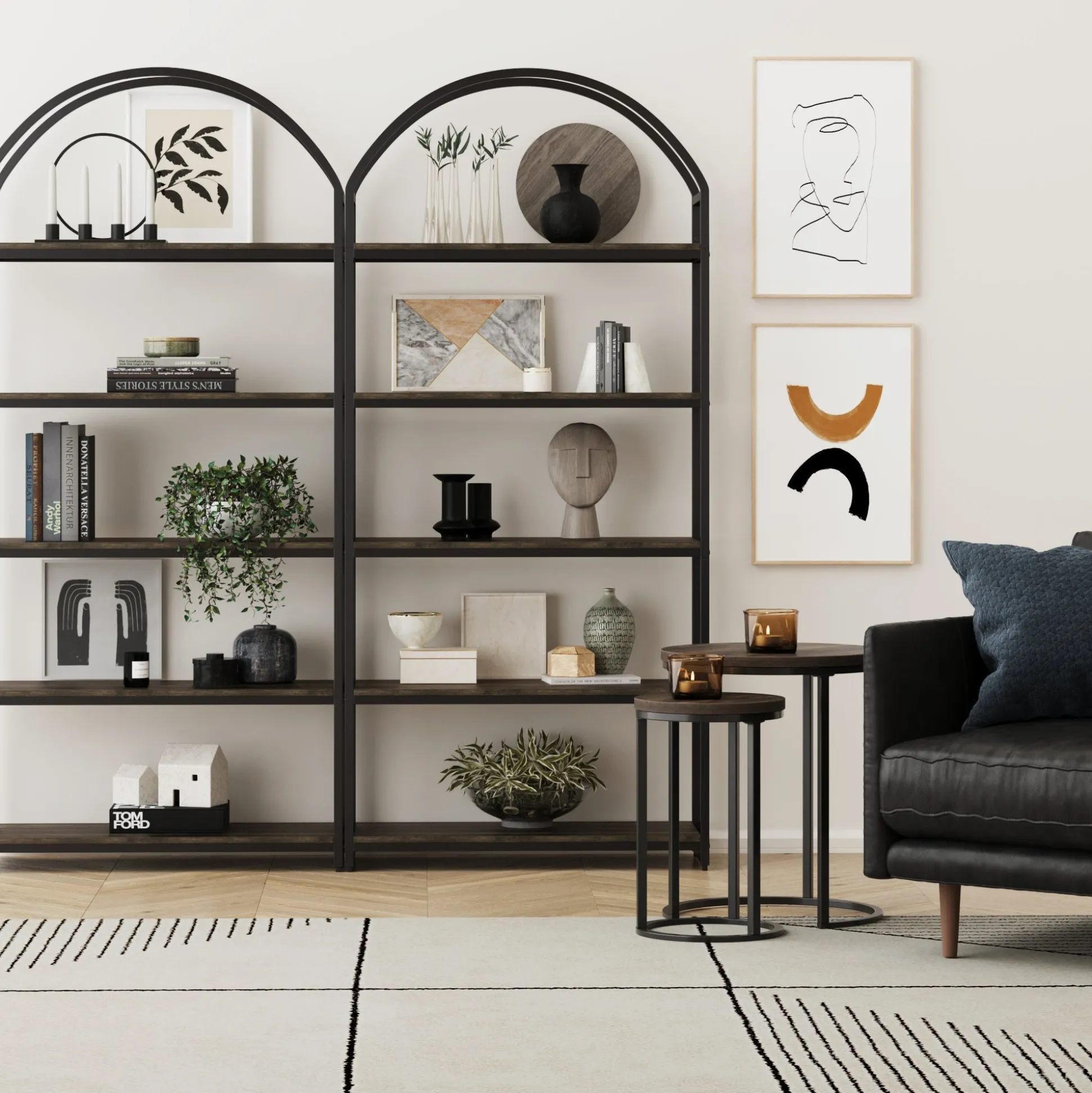 Metal 5-Shelf Arched Bookshelves Black (Set of 2)