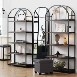 Metal 5-Shelf Arched Bookshelves Black (Set of 2)