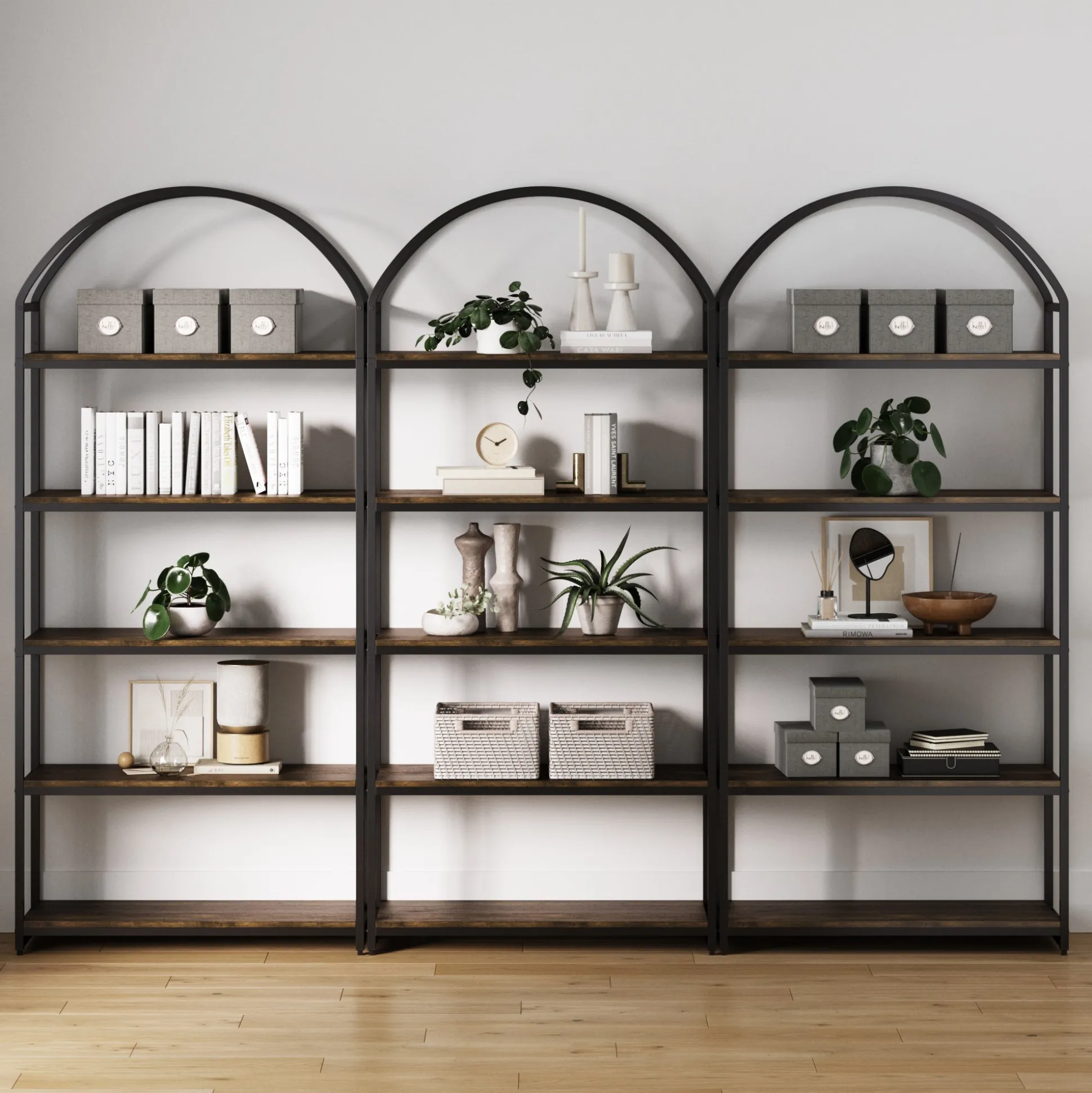 Metal 5-Shelf Arched Bookshelves Black (Set of 3)