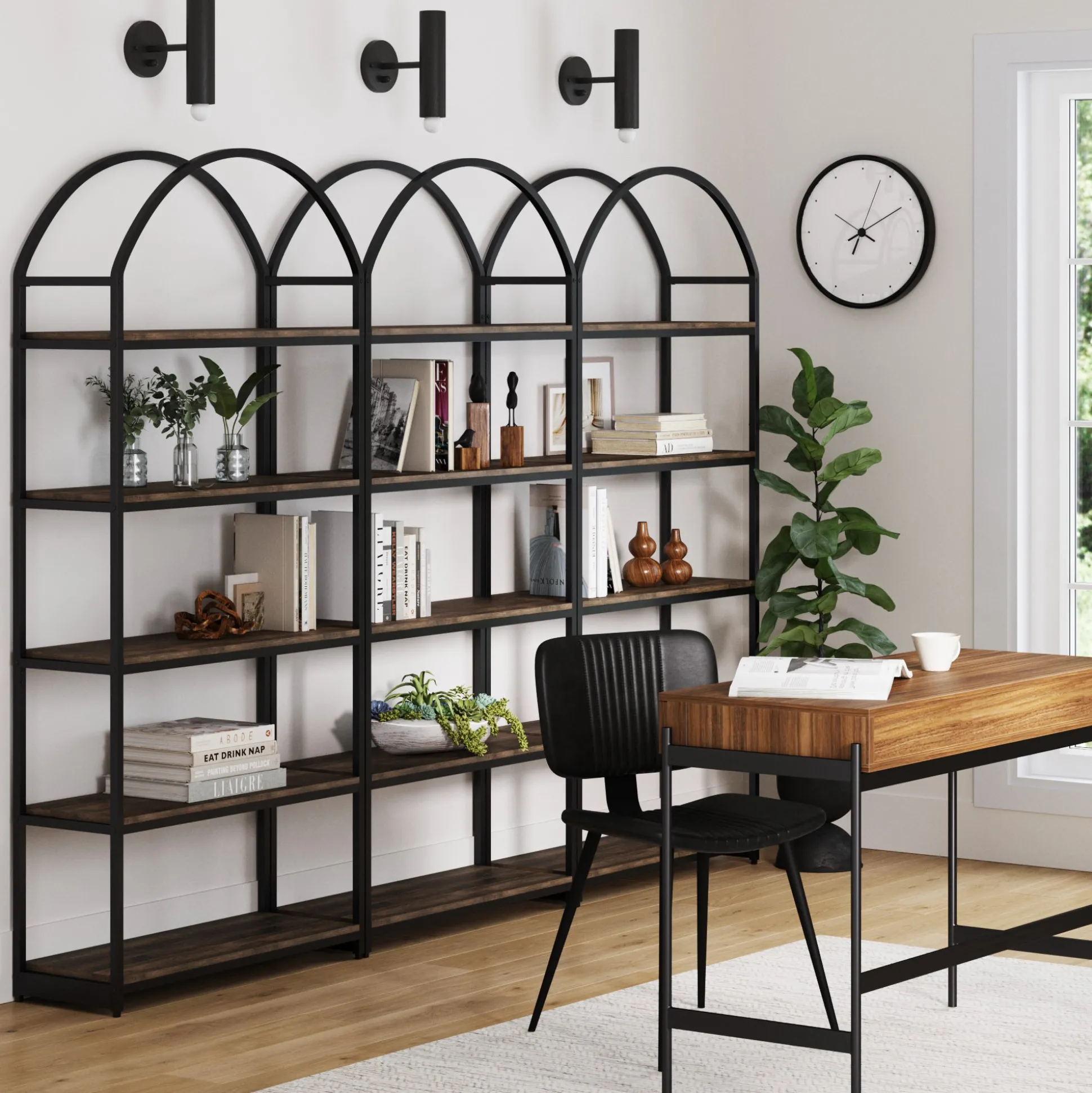 Metal 5-Shelf Arched Bookshelves Black (Set of 3)