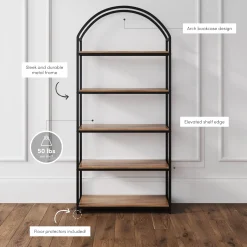Metal 5-Shelf Arched Bookshelves Oak (Set of 4)