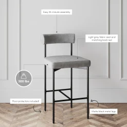 Metal Upholstered Counter Height Bar Stool Gray