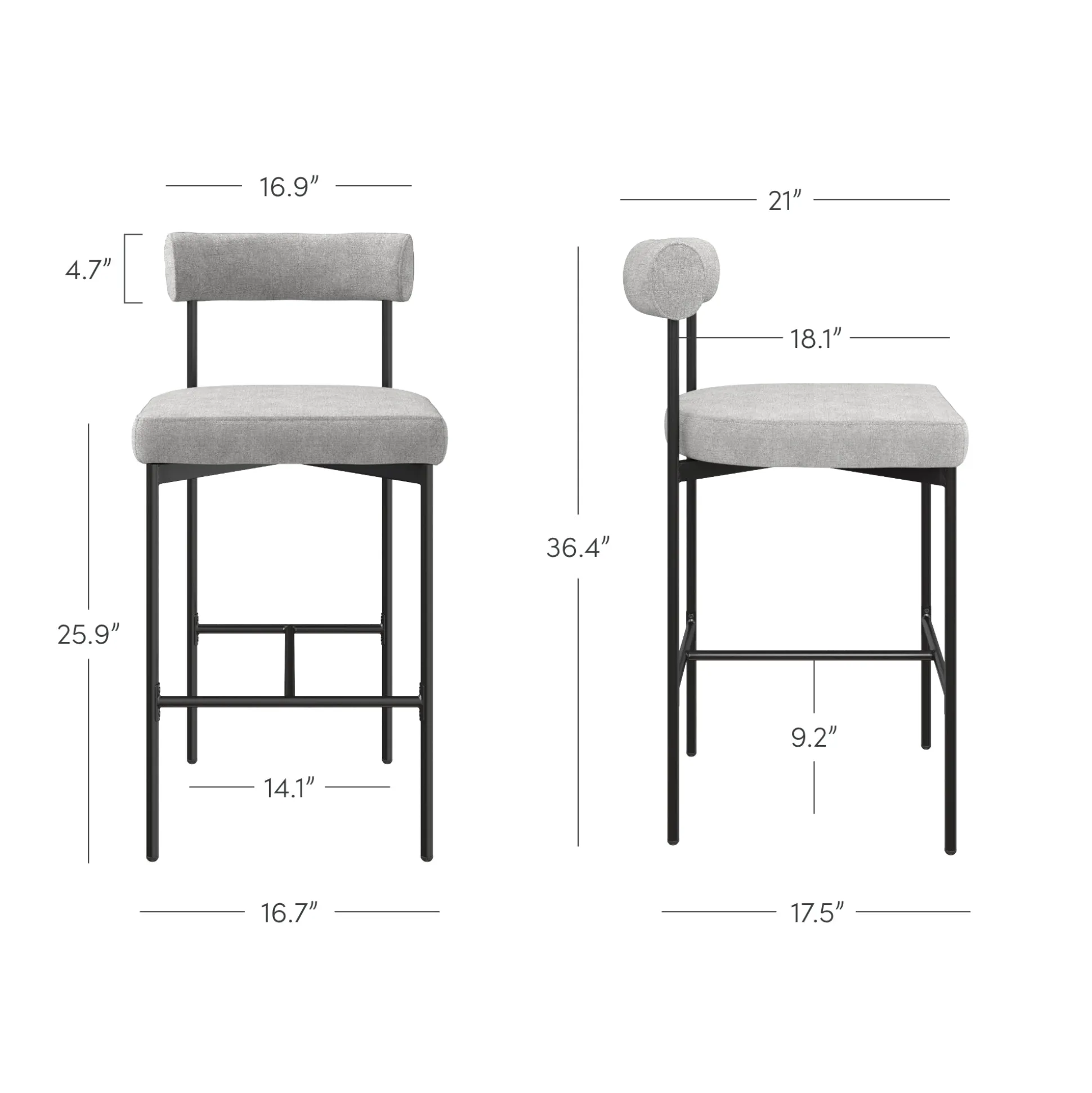 Metal Upholstered Counter Height Bar Stool Gray