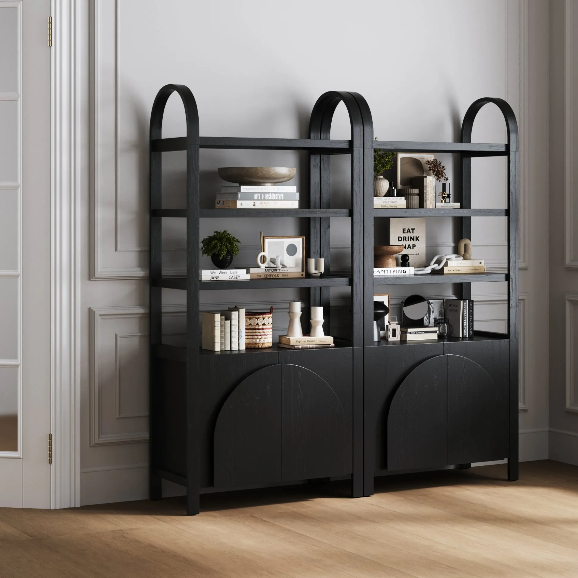 Mid-Century Arched Bookshelves with Doors Black (Set of 2)