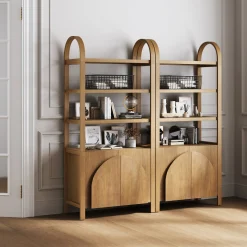 Mid-Century Arched Bookshelves with Doors Light Brown (Set of 2)