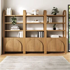 Mid-Century Arched Bookshelves with Doors Light Brown (Set of 3)