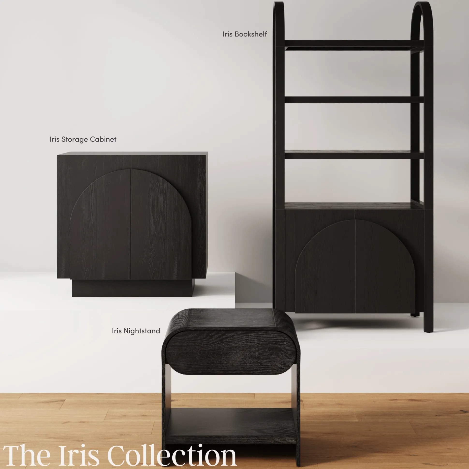 Mid-Century Arched Bookshelves with Doors Black (Set of 3)