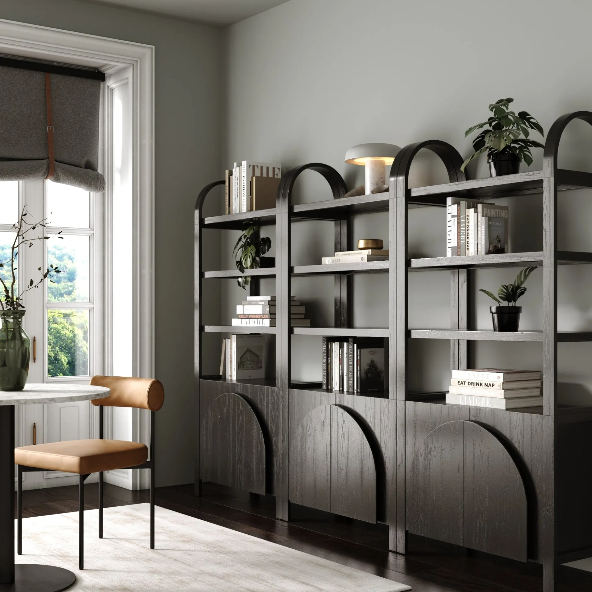 Mid-Century Arched Bookshelves with Doors Black (Set of 3)