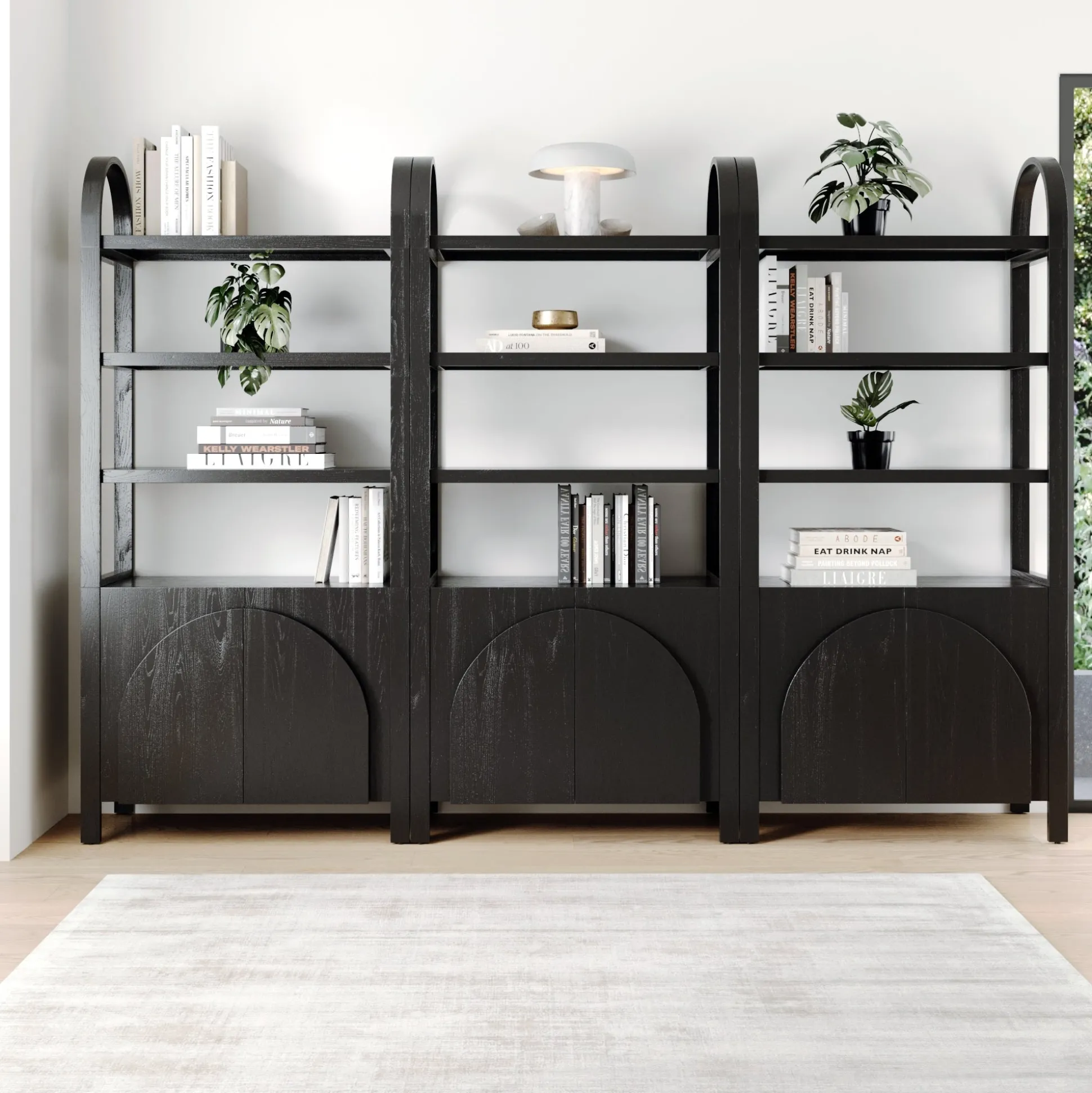 Mid-Century Arched Bookshelves with Doors Black (Set of 3)