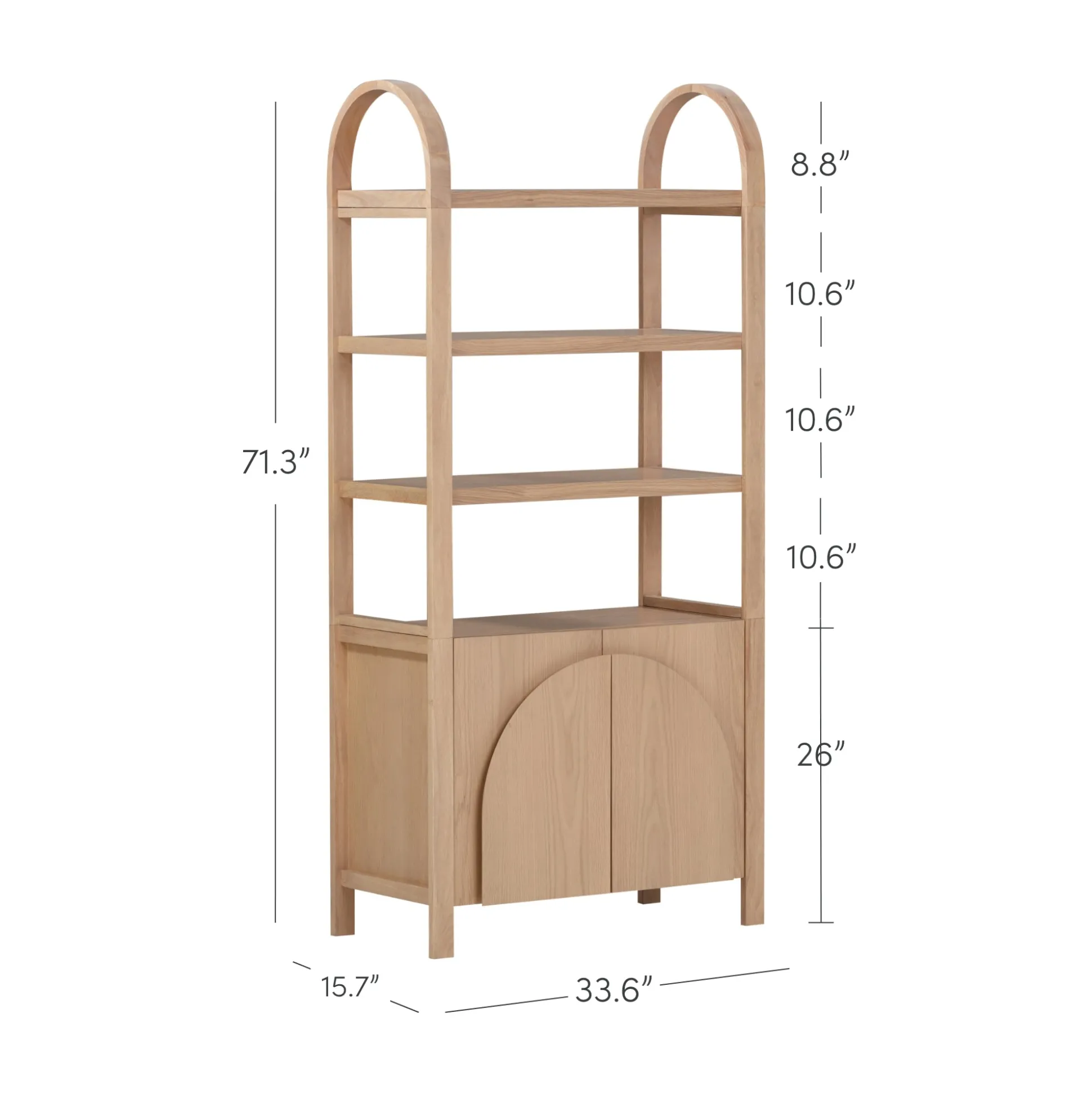 Mid-Century Arched Door Bookshelf with Doors Raw Oak
