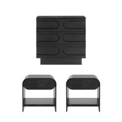 Mid-Century Arched Dresser and Two Nightstands Set Black Oak