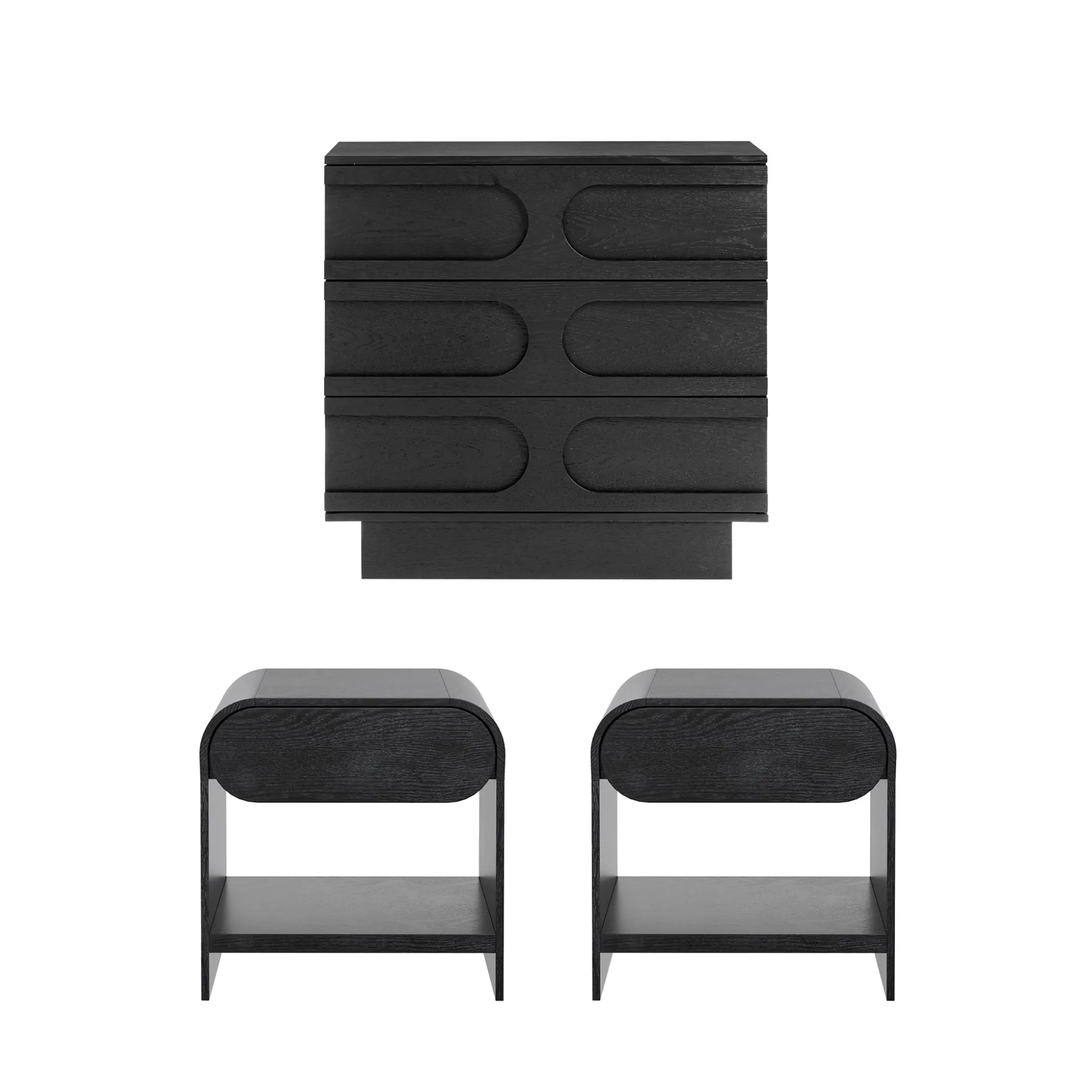 Mid-Century Arched Dresser and Two Nightstands Set Black Oak