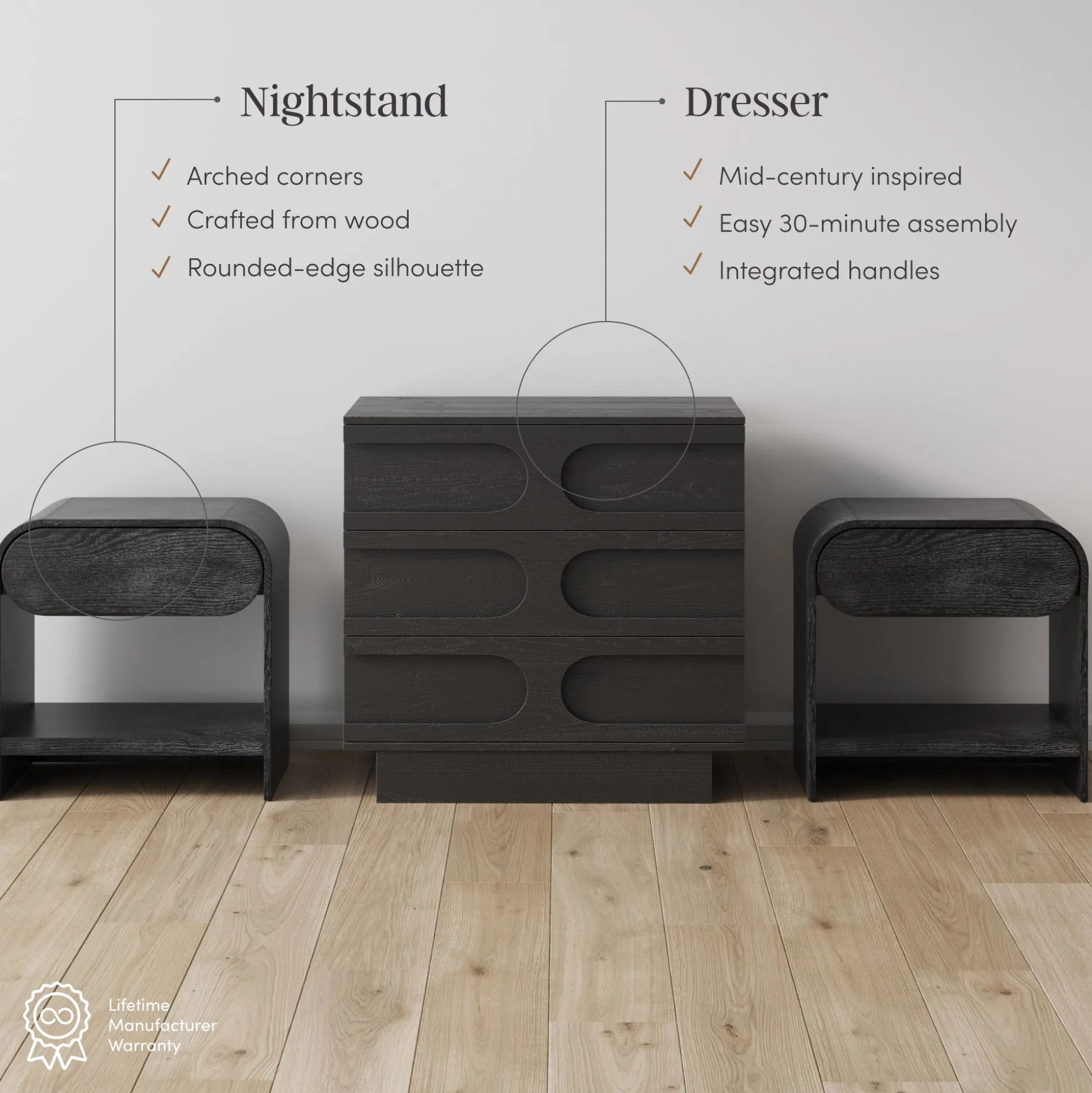 Mid-Century Arched Dresser and Two Nightstands Set Black Oak