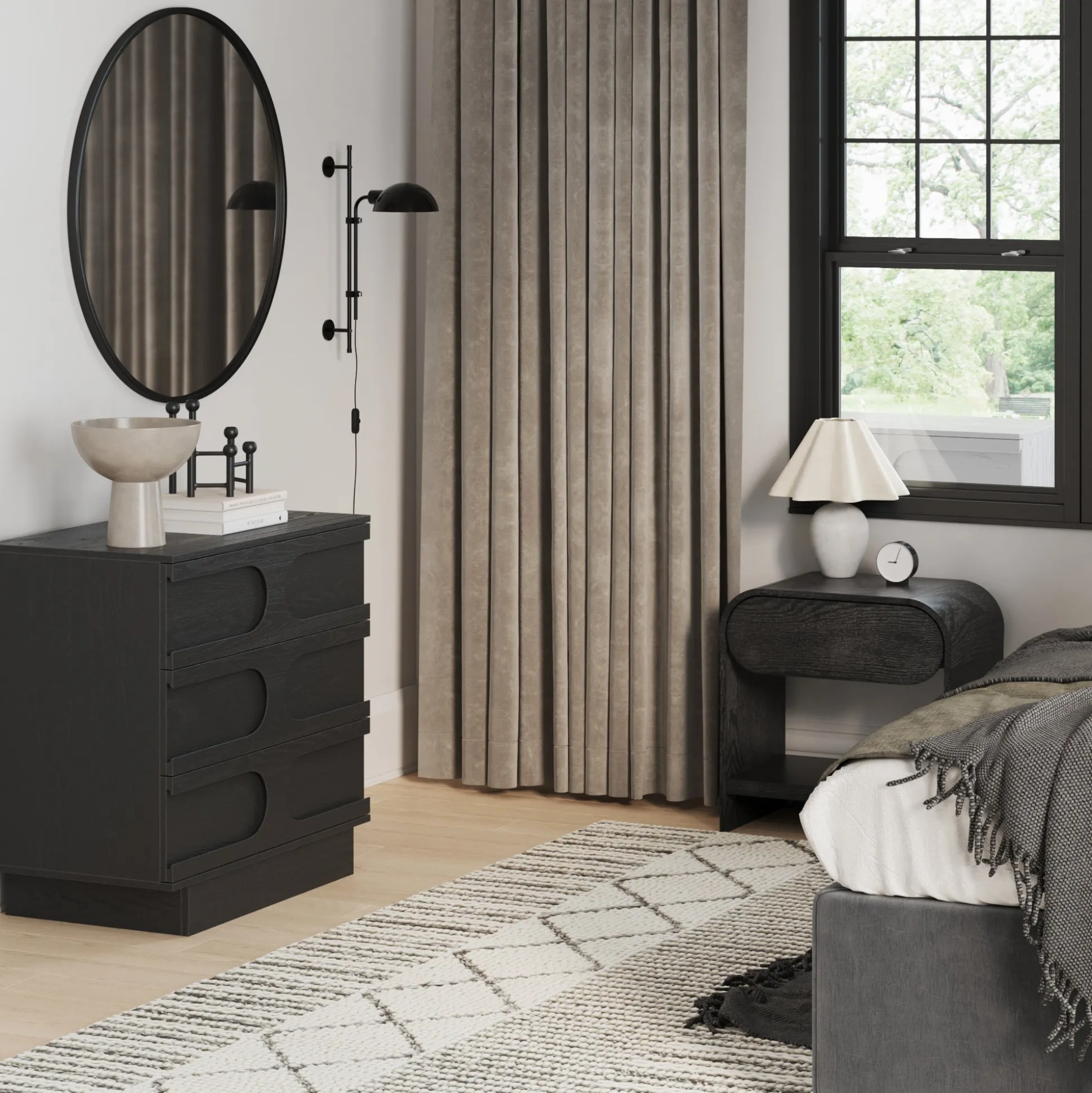 Mid-Century Arched Dresser and Two Nightstands Set Black Oak