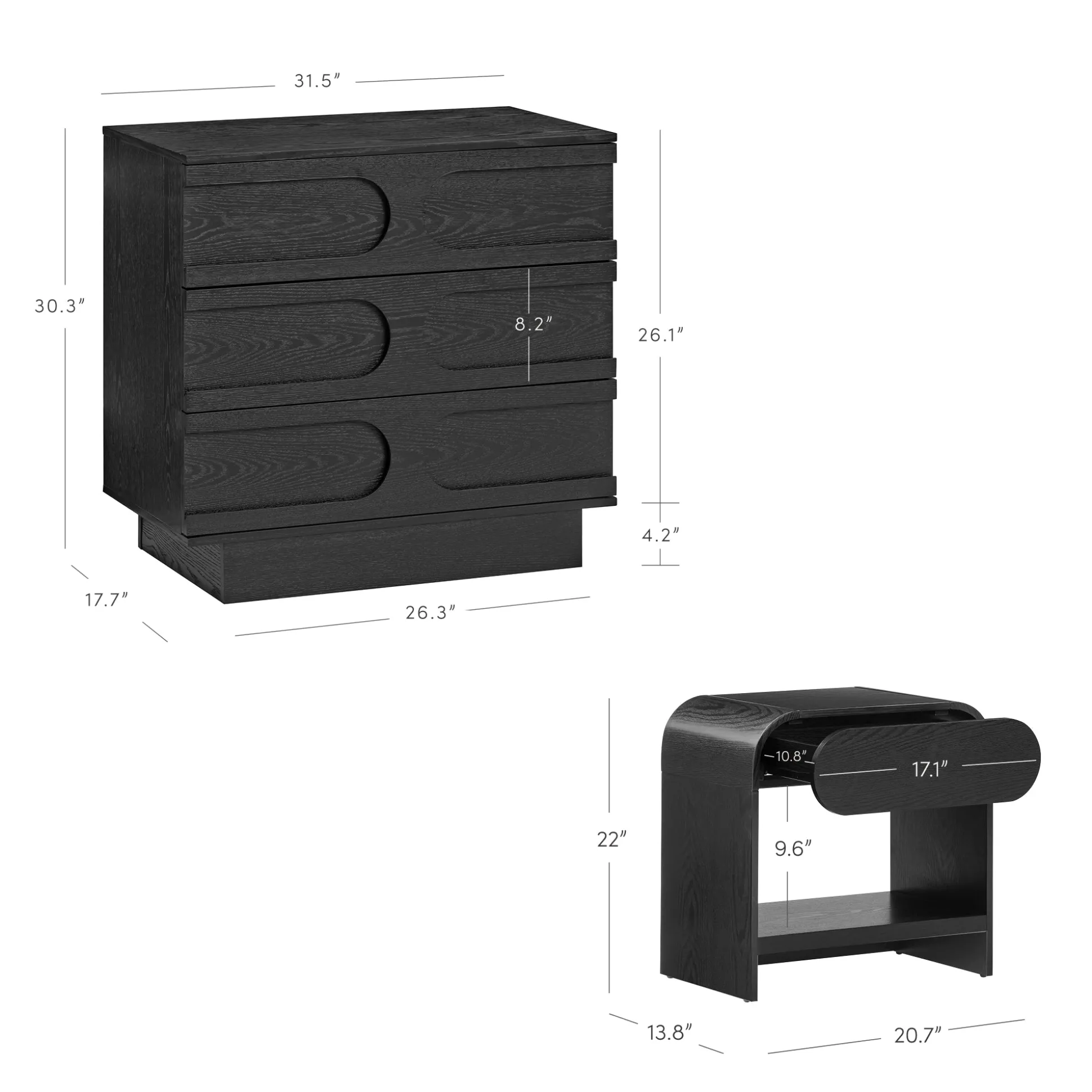 Mid-Century Arched Dresser and Two Nightstands Set Black Oak