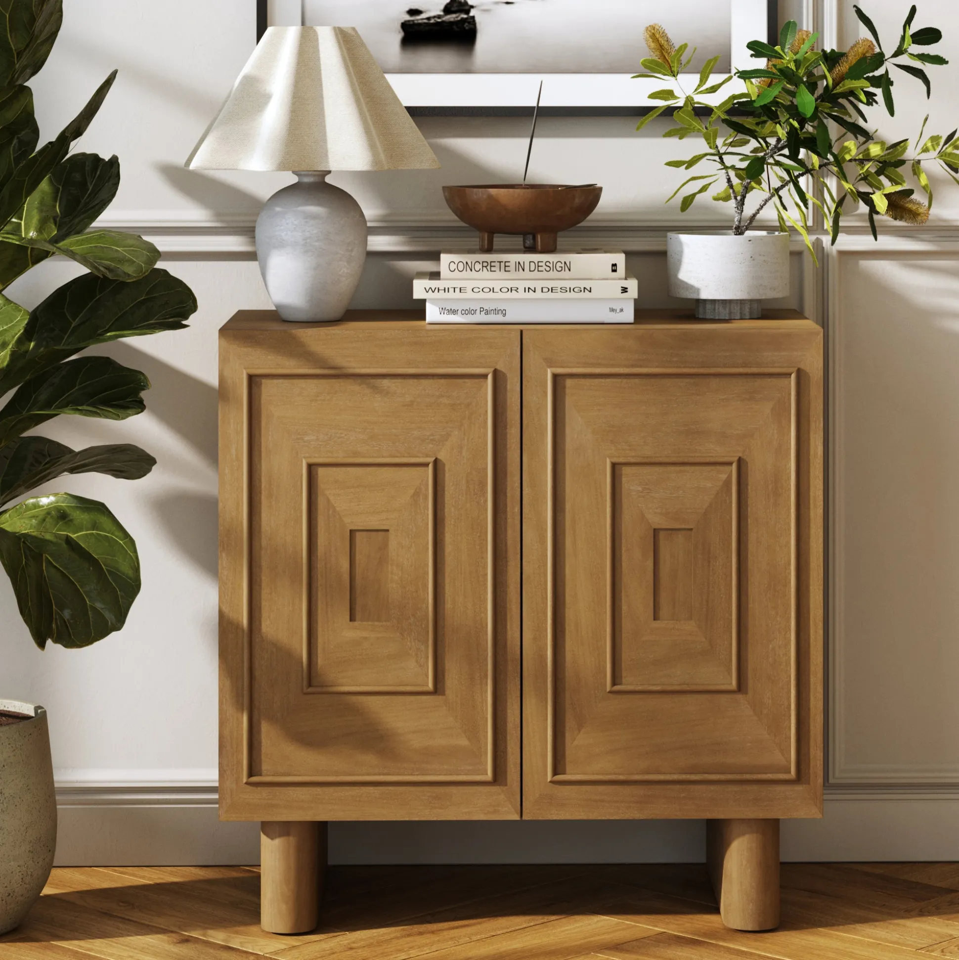 Mid Century Bar Cabinet Credenza with Sculpted Doors Light Brown