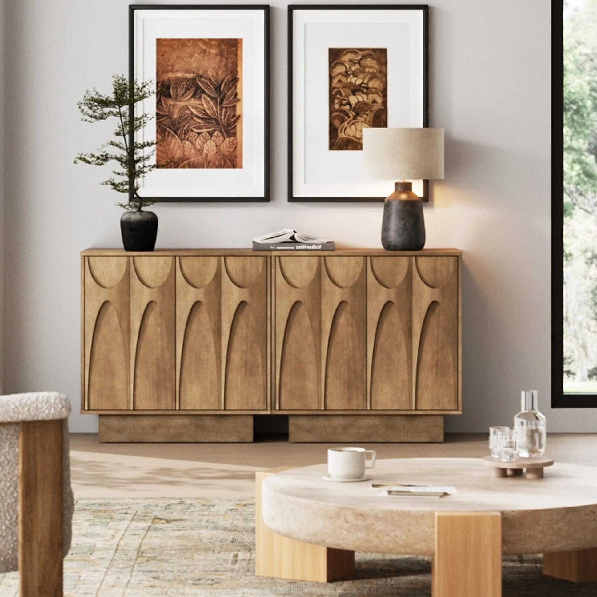 Mid Century Credenza with Antique Carved Doors Light Brown (Set of 2)