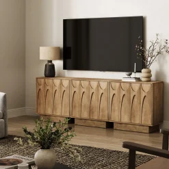 Mid Century Credenza with Antique Carved Doors Light Brown (Set of 3)