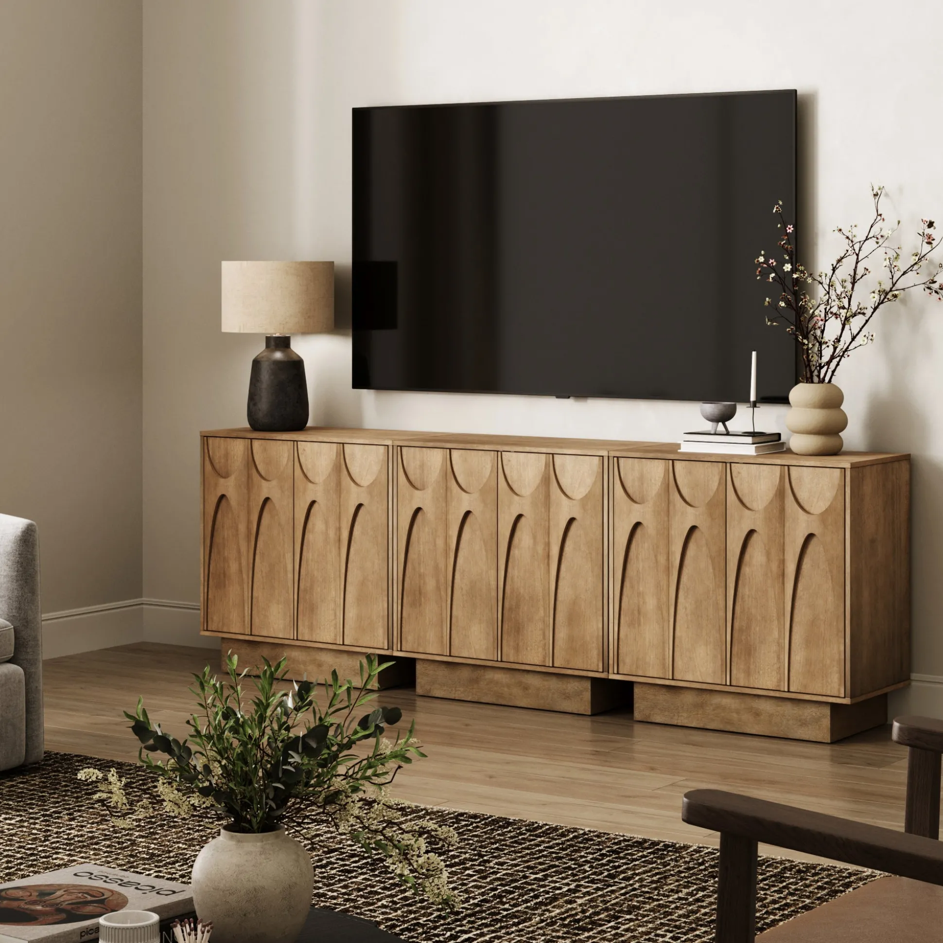 Mid Century Credenza with Antique Carved Doors Light Brown (Set of 3)