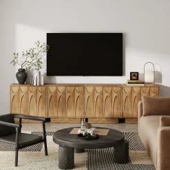 Mid Century Credenza with Antique Carved Doors Light Brown (Set of 4)
