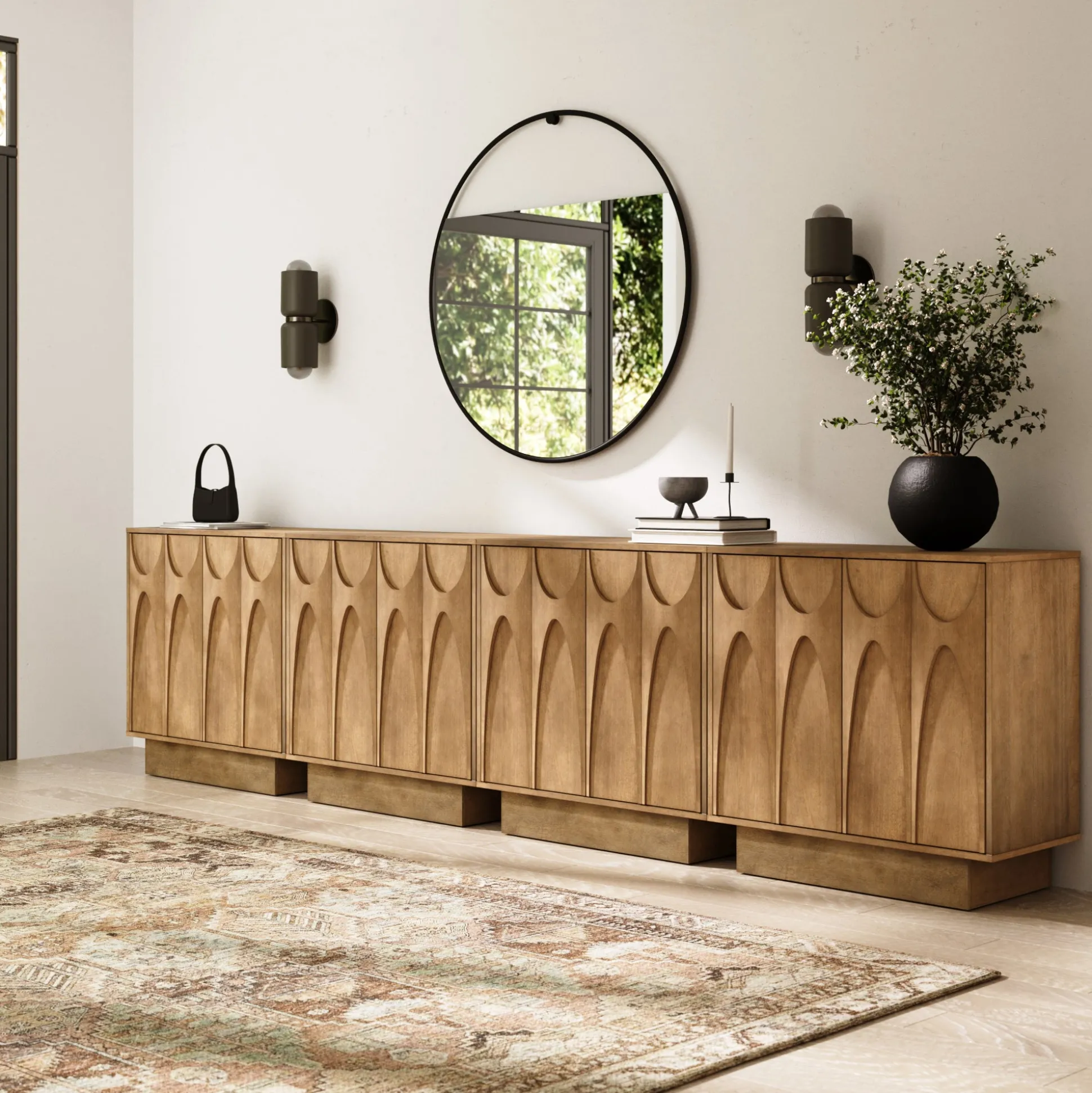 Mid Century Credenza with Antique Carved Doors Light Brown (Set of 4)