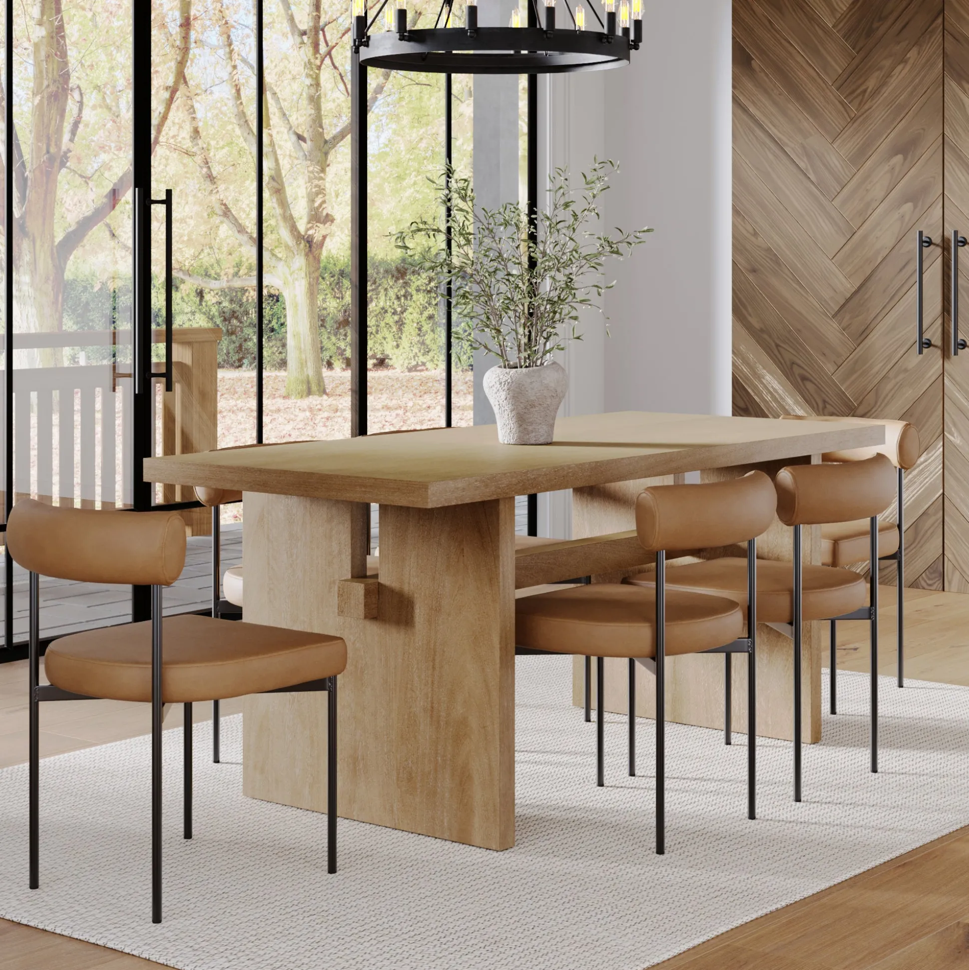 Mid-Century Dining Set Light Brown (6 Chairs)