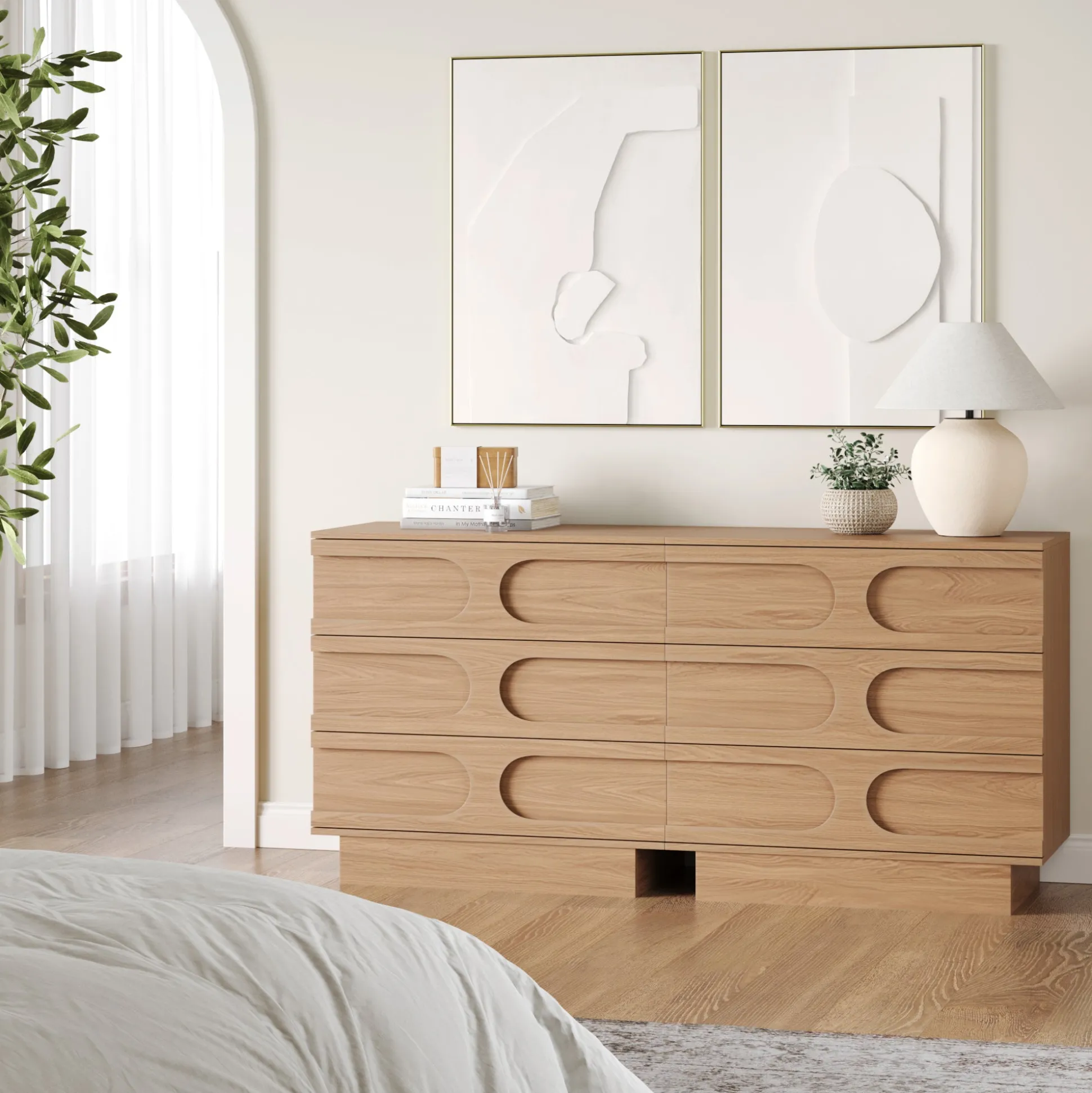 Mid-Century 3-Drawer Arched Dresser Raw Oak (Set of 2)
