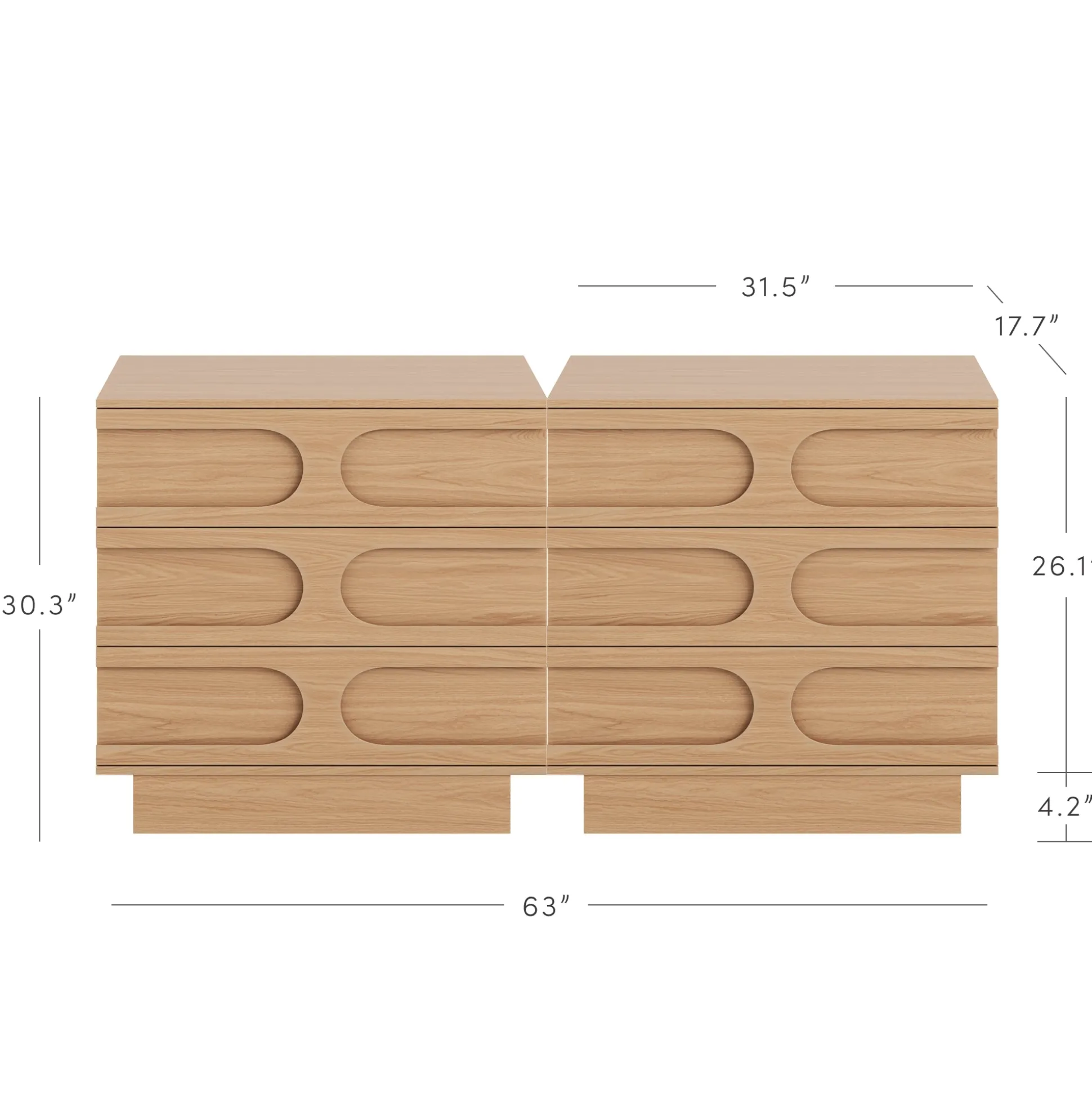 Mid-Century 3-Drawer Arched Dresser Raw Oak (Set of 2)