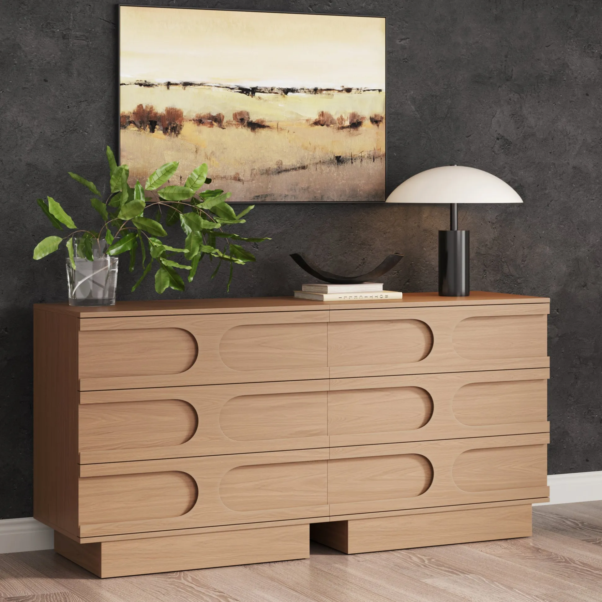 Mid-Century 3-Drawer Arched Dresser Raw Oak (Set of 2)