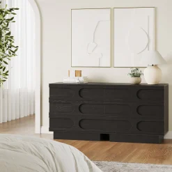 Mid-Century 3-Drawer Arched Dresser Black Oak (Set of 2)