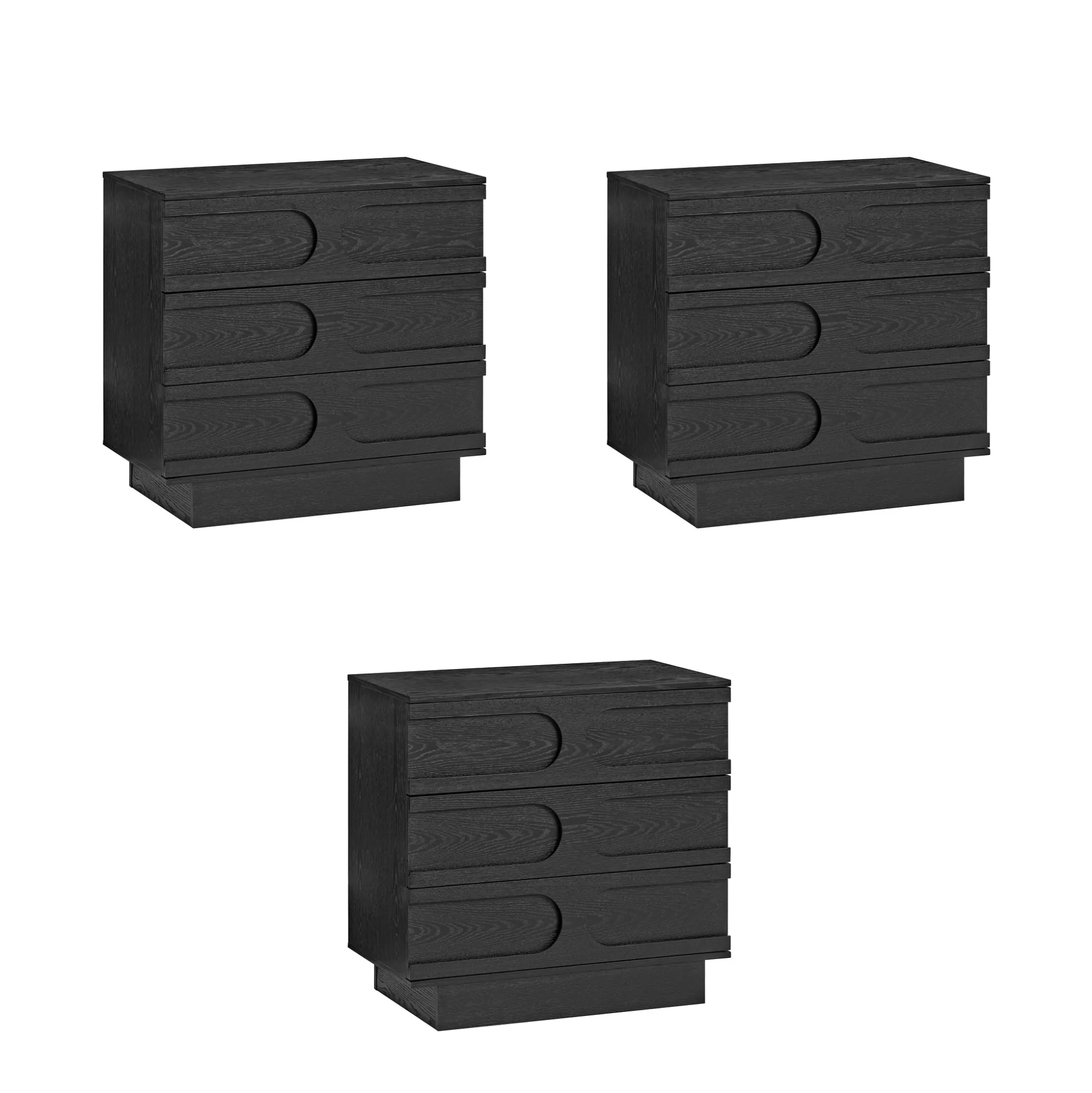Mid-Century 3-Drawer Arched Dresser Black Oak (Set of 3)