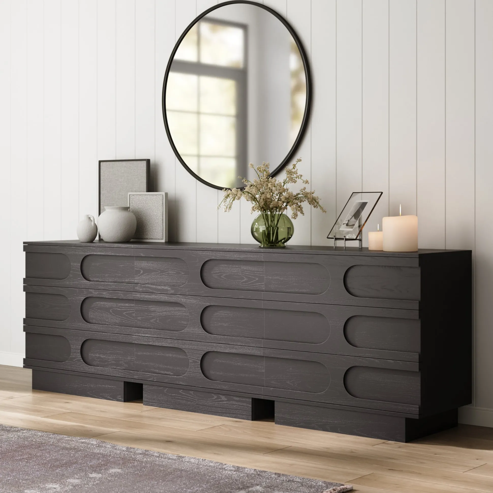 Mid-Century 3-Drawer Arched Dresser Black Oak (Set of 3)