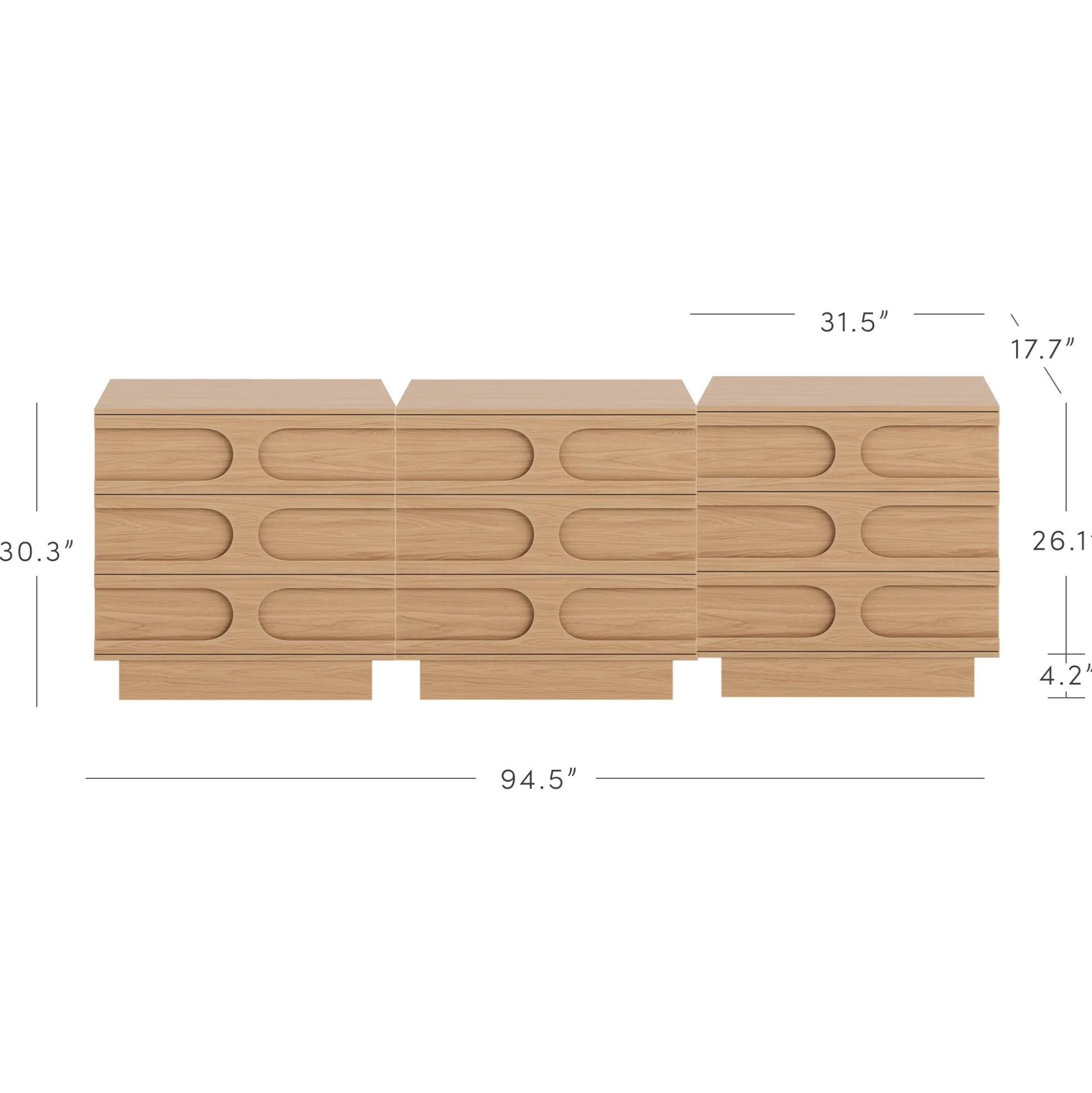 Mid-Century 3-Drawer Arched Dresser Raw Oak (Set of 3)