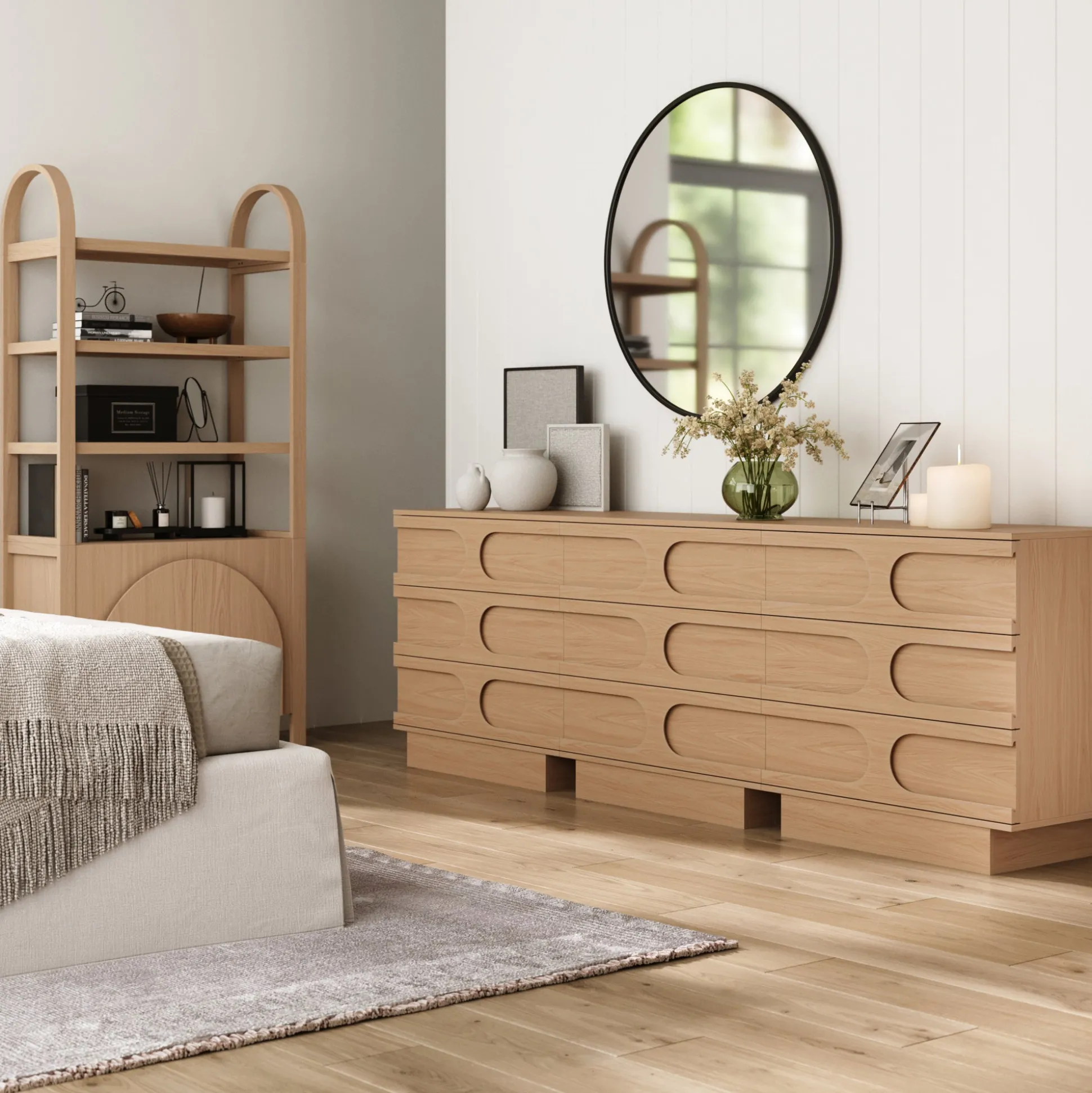 Mid-Century 3-Drawer Arched Dresser Raw Oak (Set of 3)