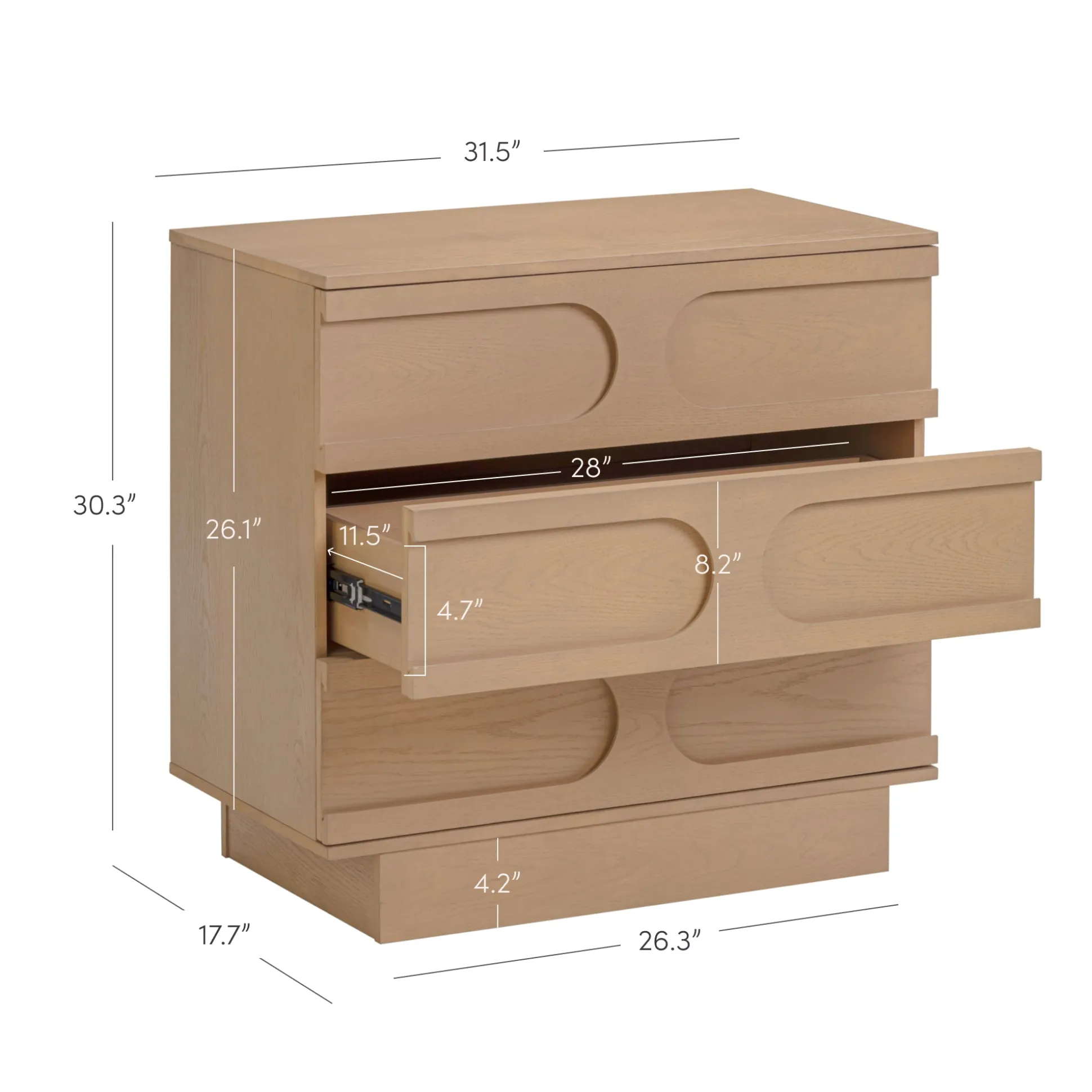 Mid-Century 3-Drawer Arched Dresser Raw Oak (Set of 3)