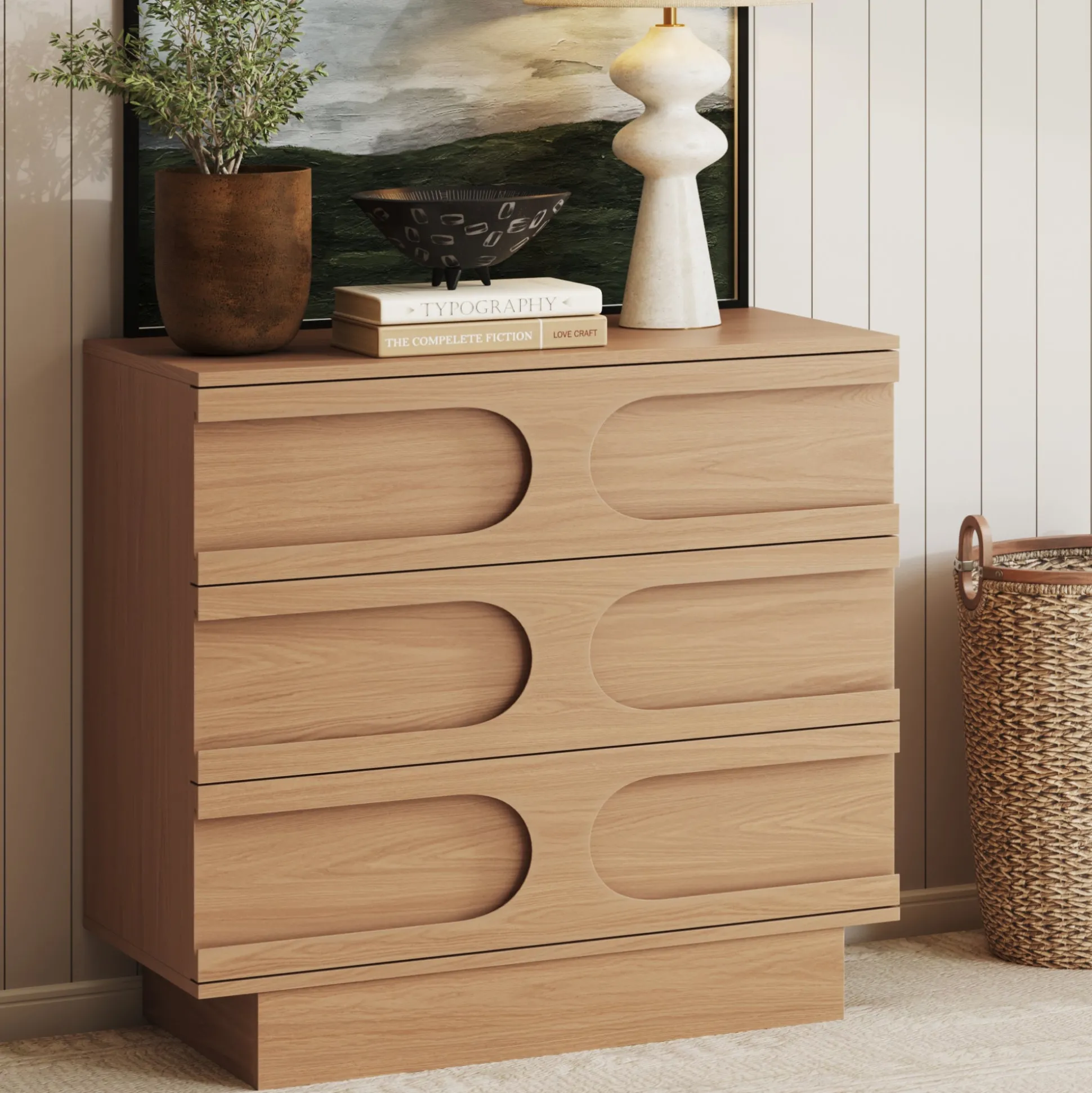 Mid-Century 3-Drawer Arched Dresser Raw Oak
