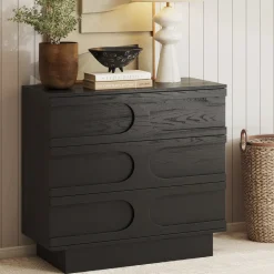 Mid-Century 3-Drawer Arched Dresser Black Oak