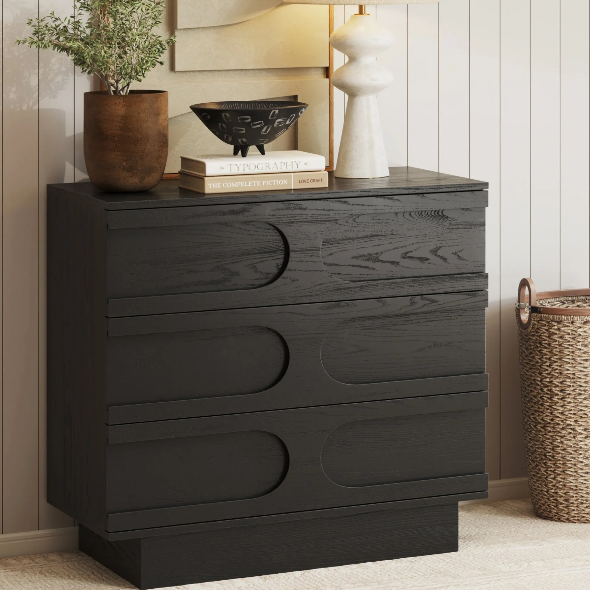 Mid-Century 3-Drawer Arched Dresser Black Oak