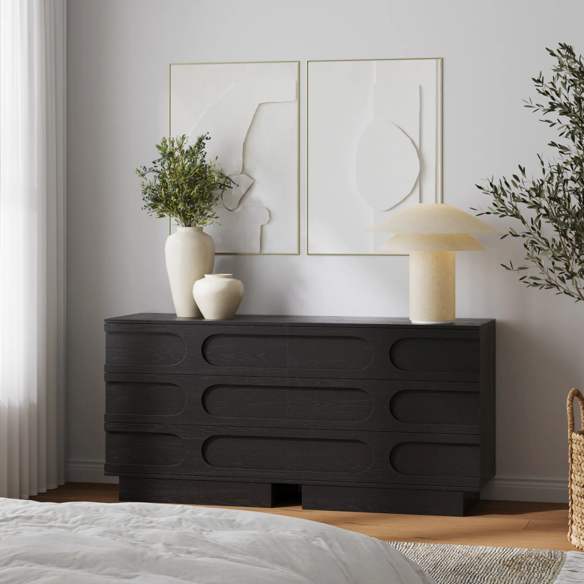 Mid-Century 3-Drawer Arched Dresser Black Oak