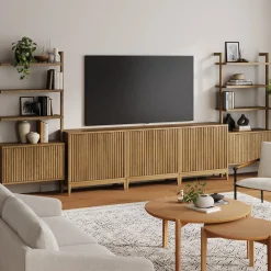 Mid-Century Entertainment Center Light Brown (3 Cabinets)