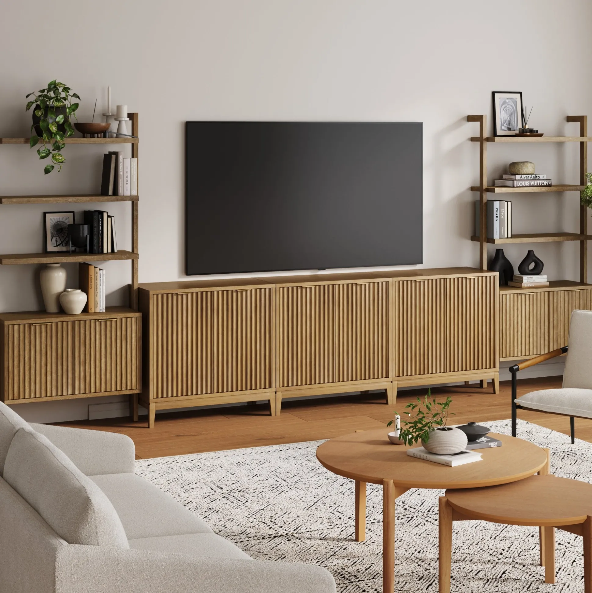 Mid-Century Entertainment Center Light Brown (3 Cabinets)