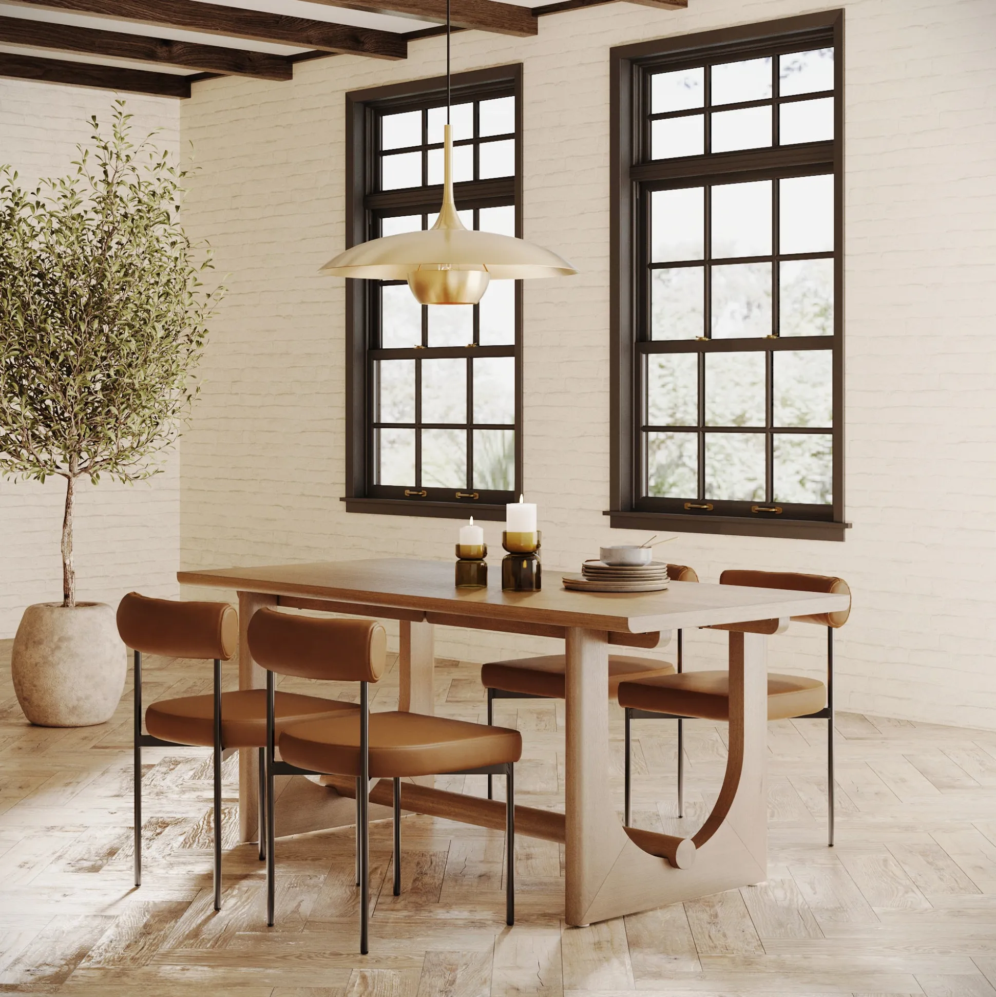 Mid-Century Faux Leather Dining Room Set for 4 (4 Chairs)
