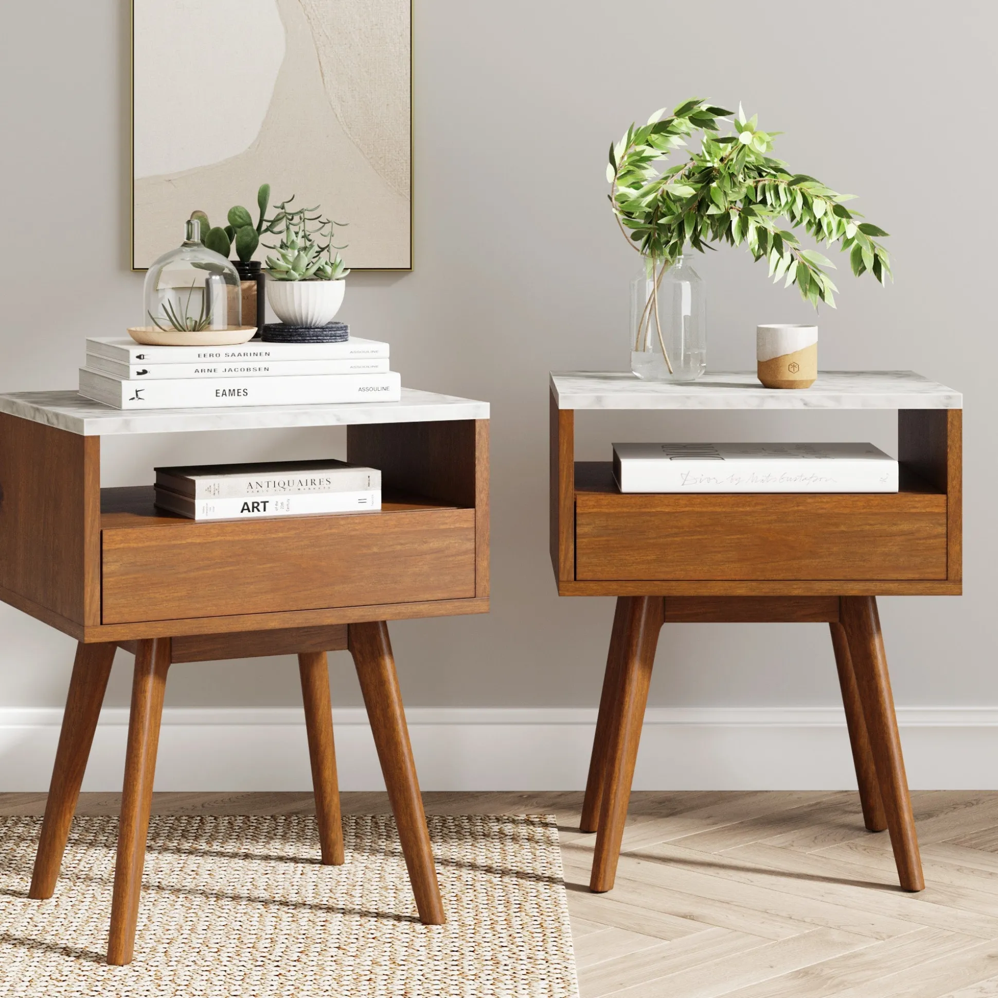 Mid-Century Faux Marble Nightstands (Set of 2)