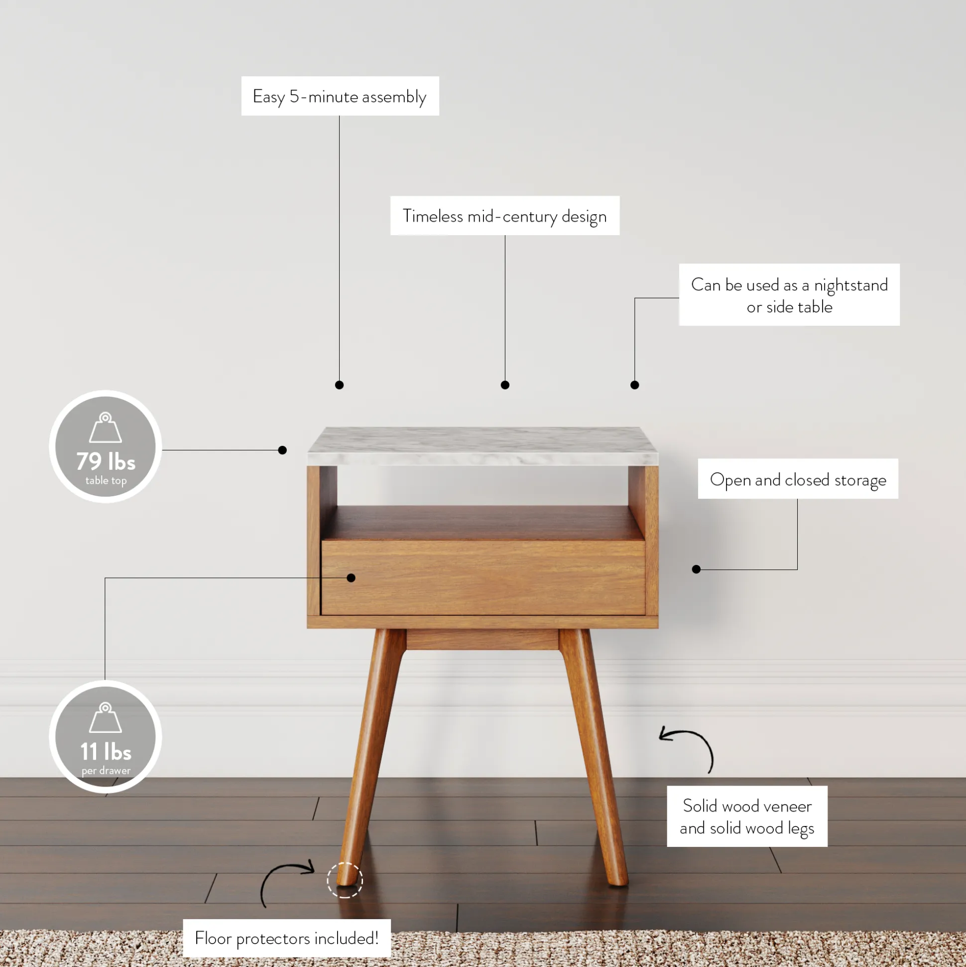 Mid-Century Faux Marble Nightstand with Drawer