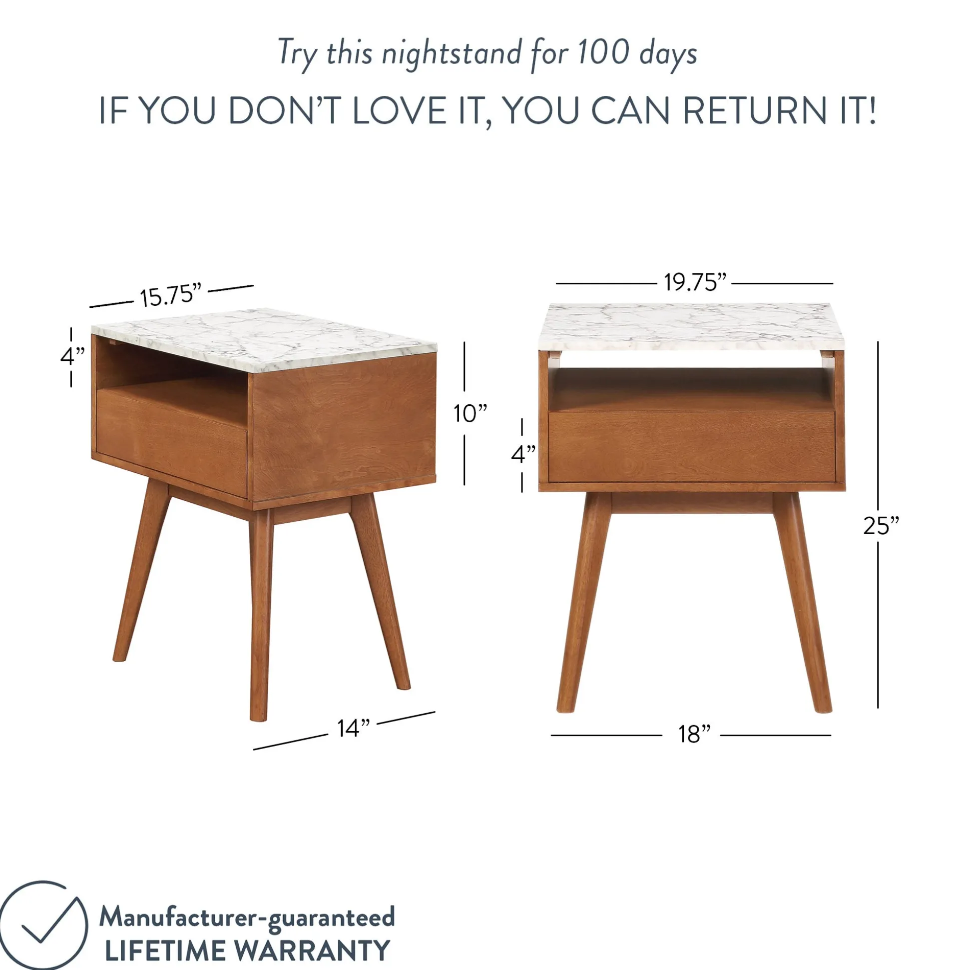 Mid-Century Faux Marble Nightstand with Drawer