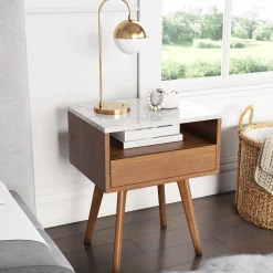 Mid-Century Faux Marble Nightstand with Drawer