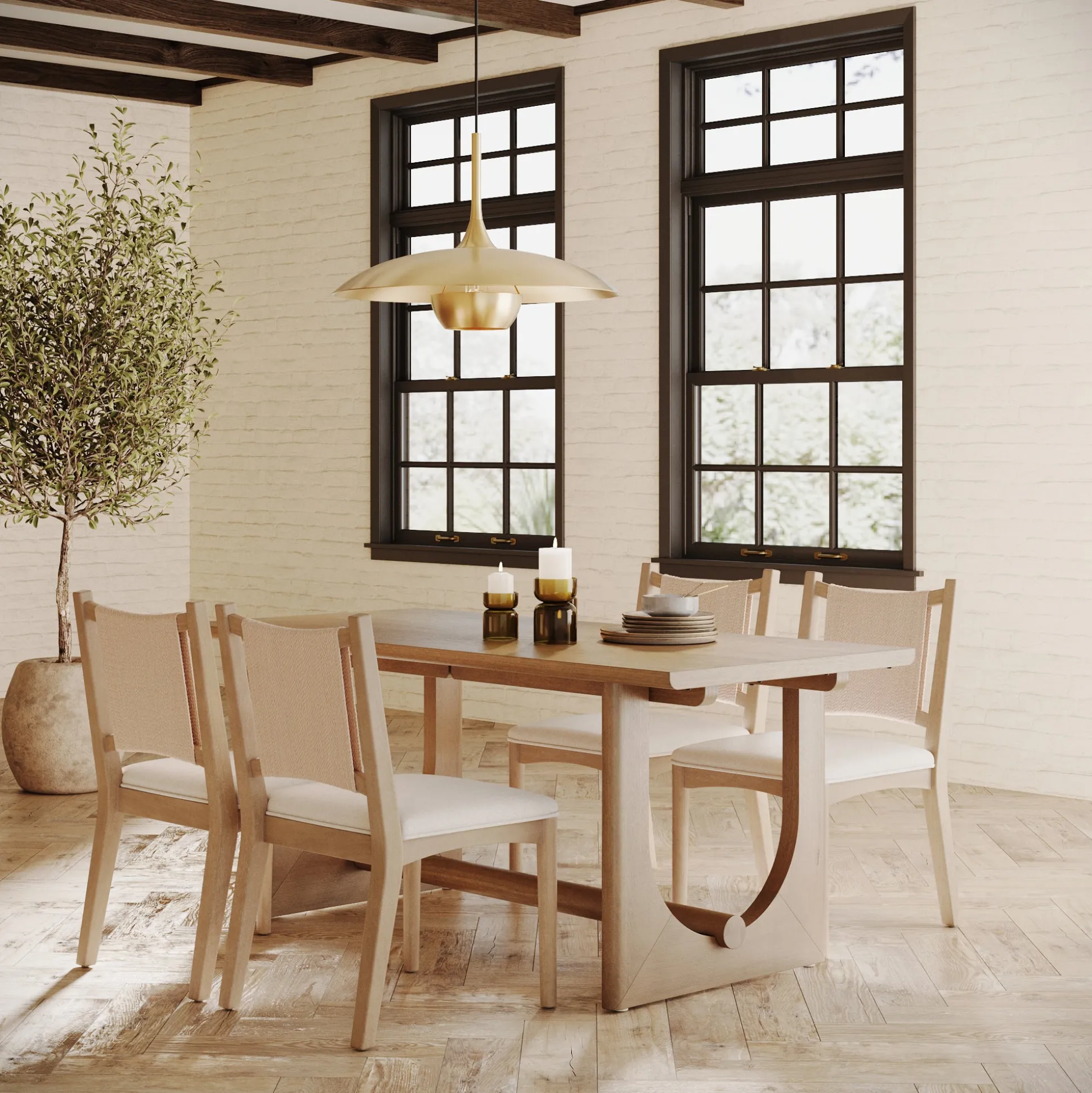 Mid-Century Flax Dining Table Set (4 Chairs)