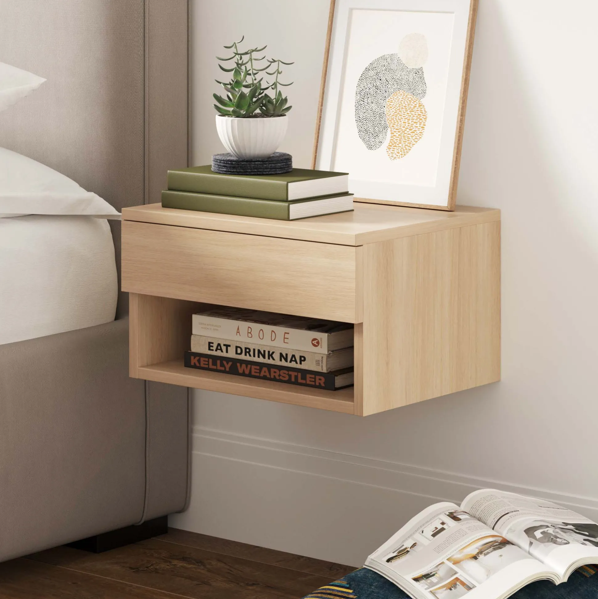Mid-Century Floating Drawer Nightstand Light Oak