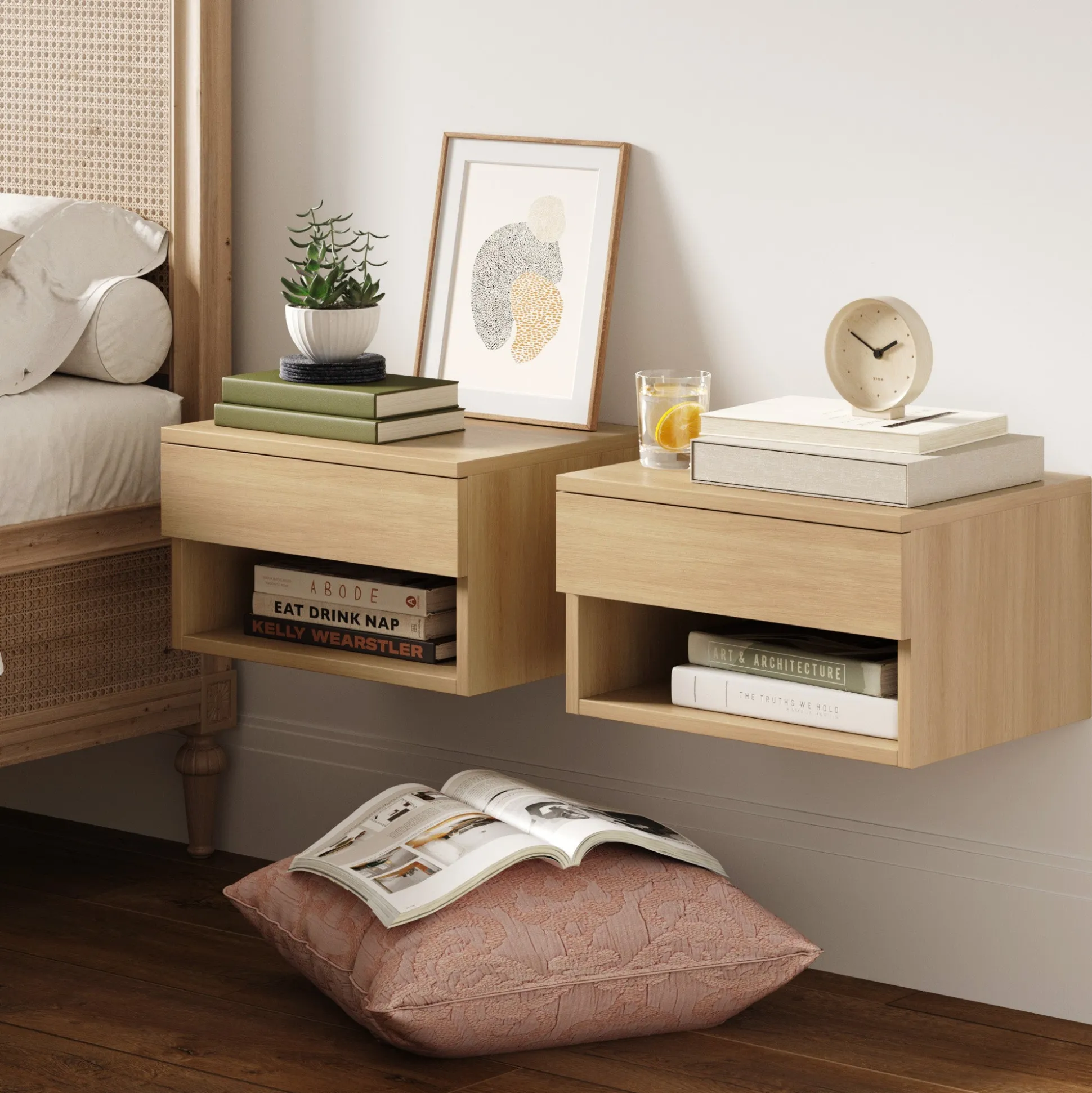 Mid-Century Floating Nightstands Light Oak (Set of 2)